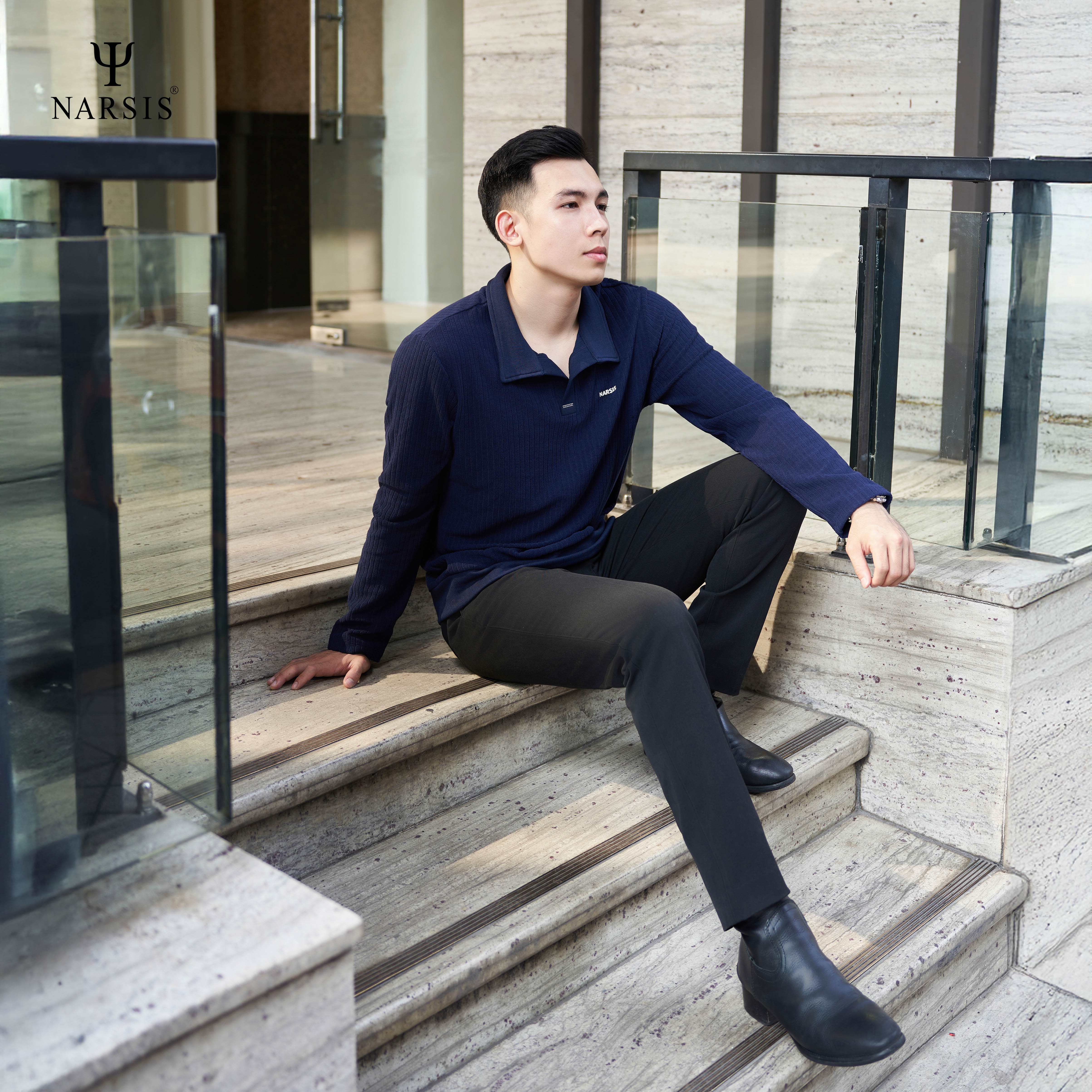 Áo polo nam dài tay Narsis D24036 chất cotton polyester, màu navy trung tính, lịch lãm._thumbnail_2