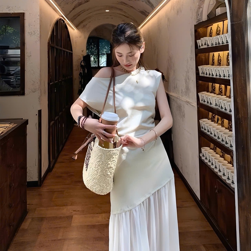 Đầm Body Lệch Vai Phối Chân Váy Tơ Màu Màu Kem , Váy Dự Tiệc Dáng Dài Sang Chảnh Logastore_L0198_thumbnail_1