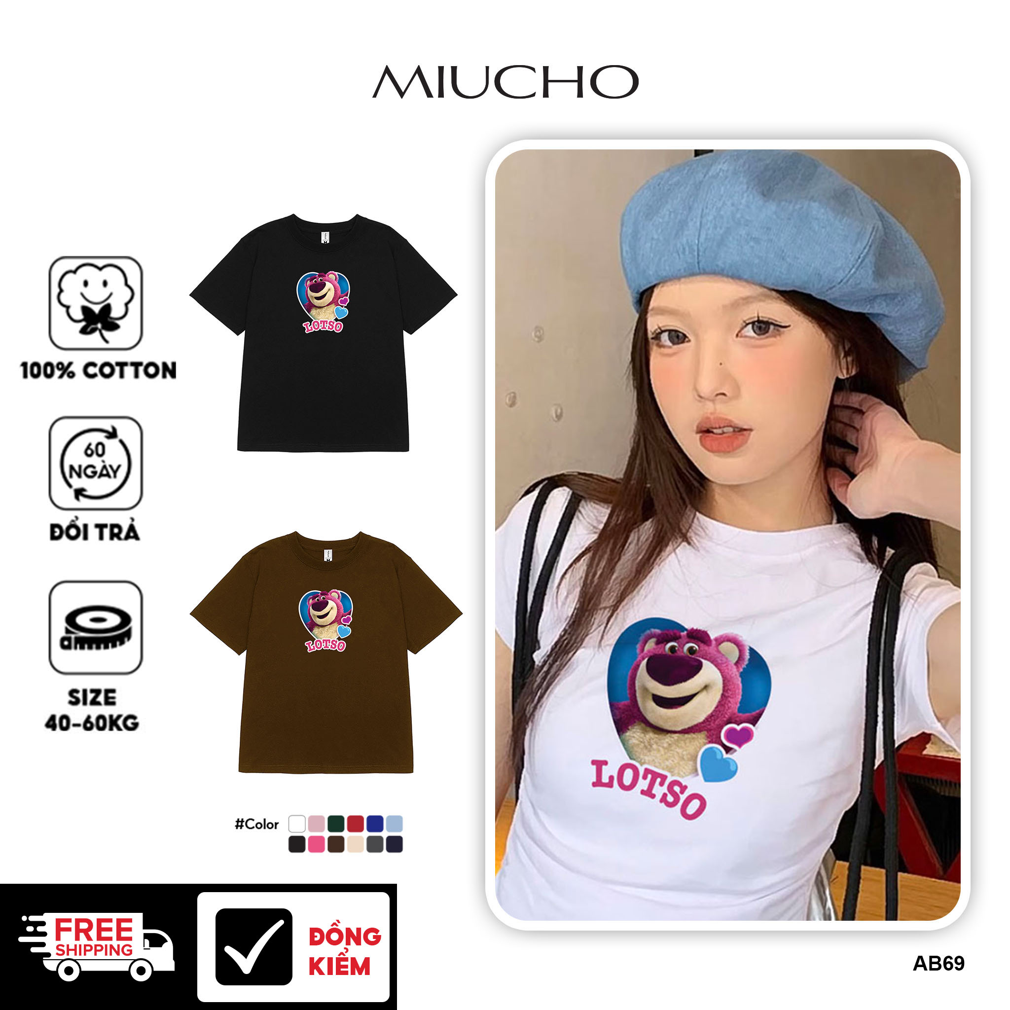 Áo Thun Baby Tee AB69 Miucho Form Ôm Cotton Co Giãn In Hình Gấu Dâu Lotso