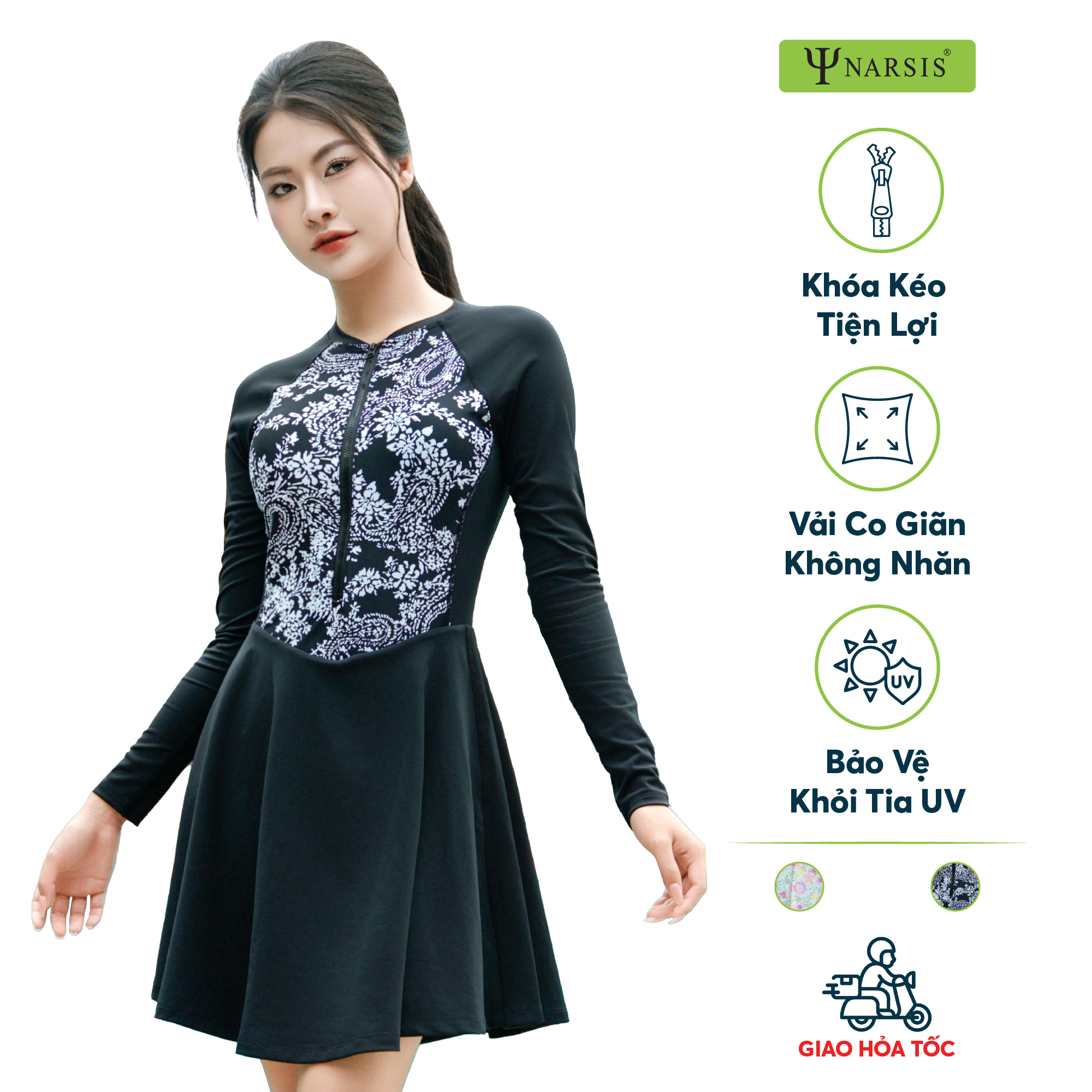 Váy Bơi Nữ Liền Thân Tay Dài Narsis Bộ Đồ Bơi Kín Đáo Có Khóa Kéo Trước Ngực Không Giữ Nước A25004