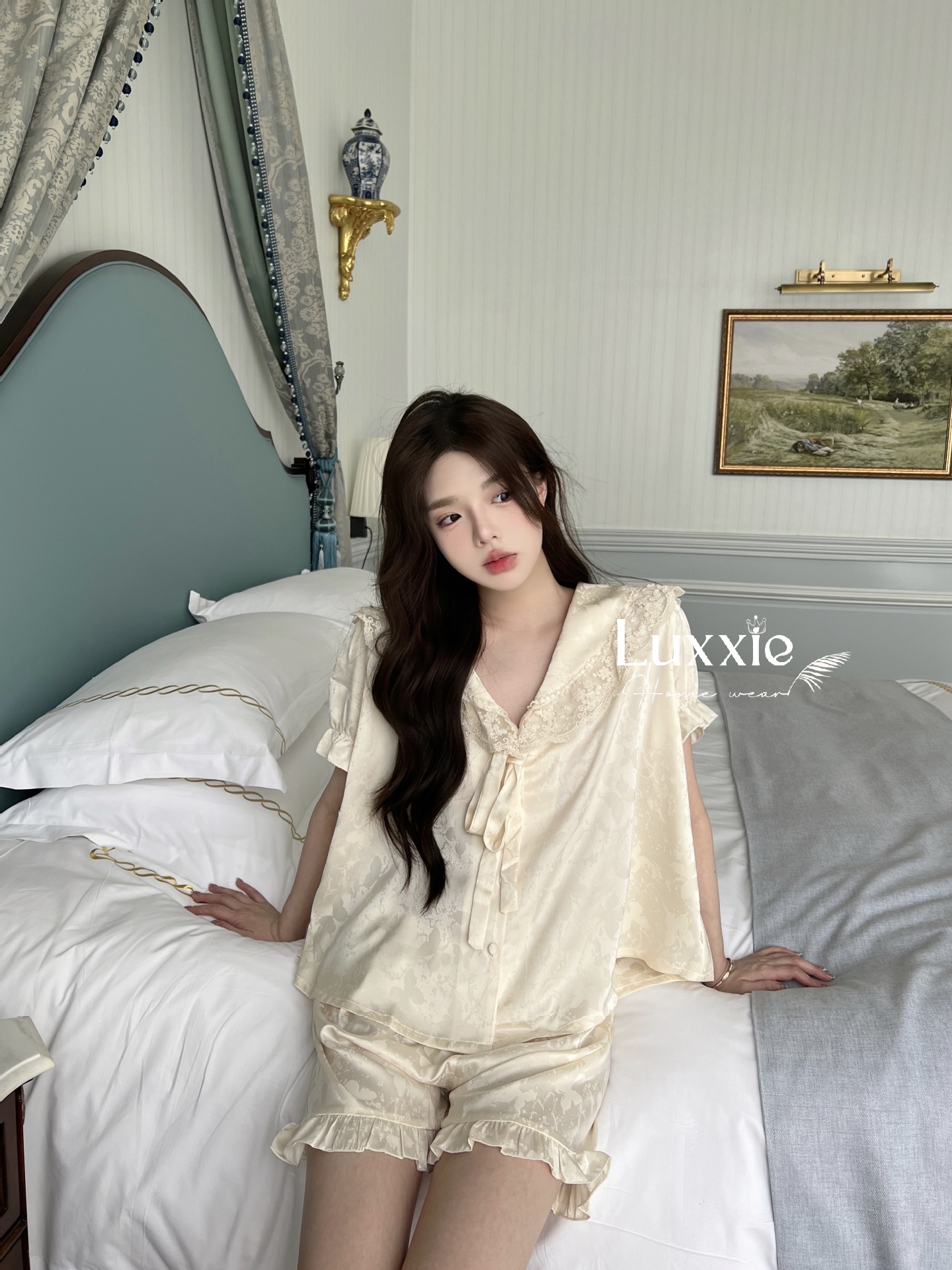 N108C Pijama lụa gấm hoa cổ ren trắng buộc nơ cộc đùi_thumbnail_7