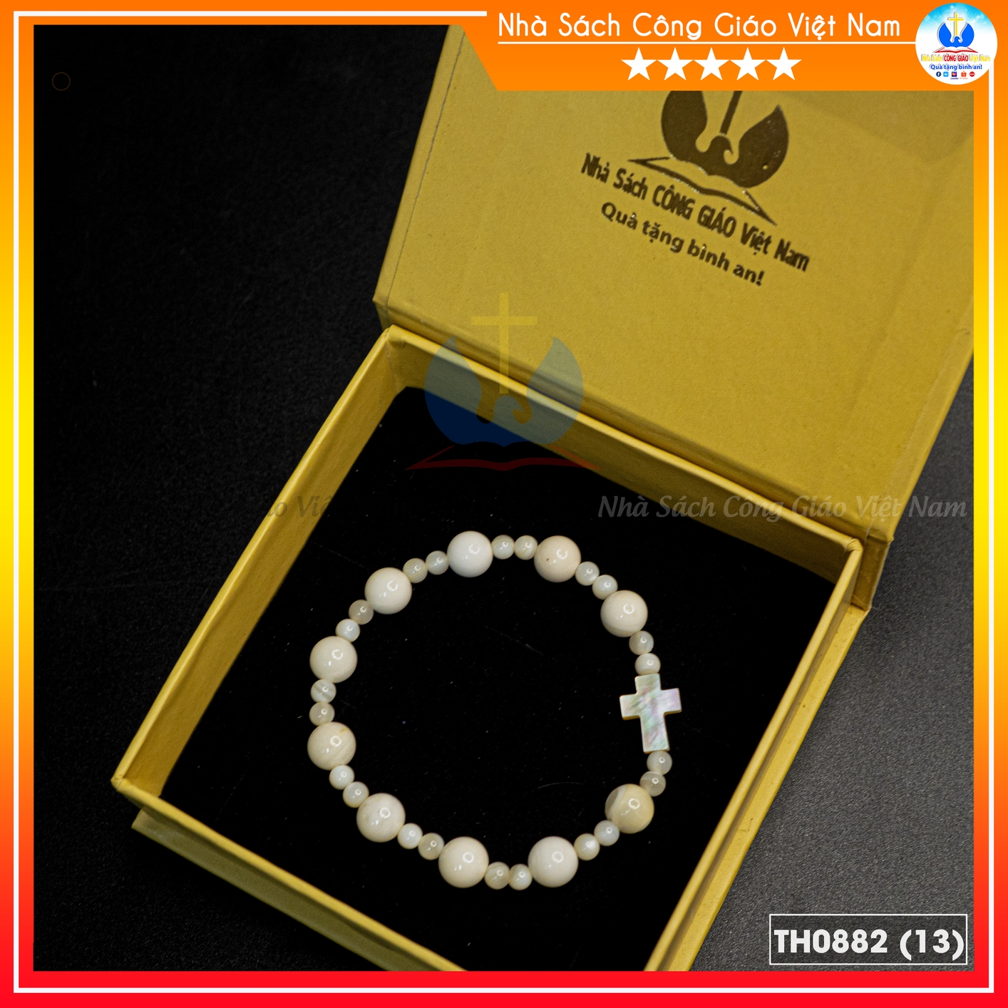 Chuỗi Mân Côi Ốc Nón Trắng 6–8mm, thánh giá xà cừ – TH0882