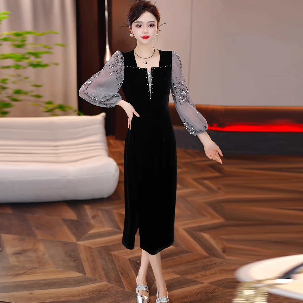 16492-Đầm suông phối tay voan kim sa xám ( thun nhật, voan kim sa)_thumbnail_1