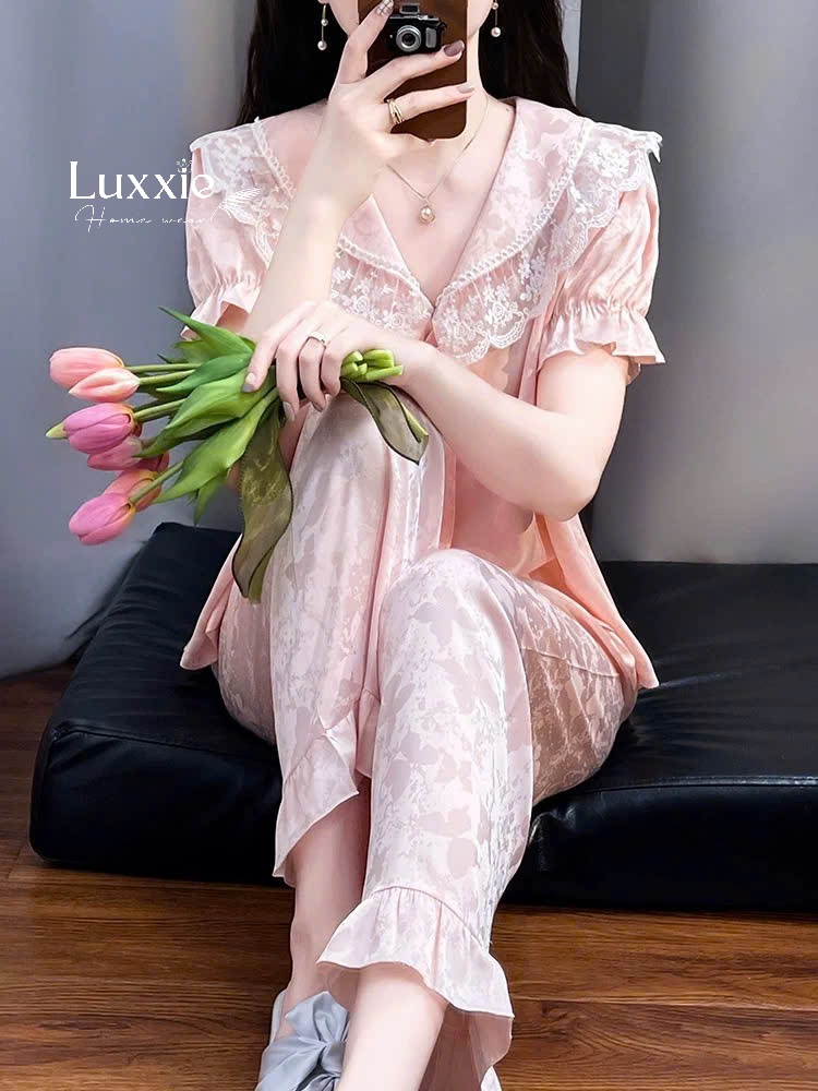N108B Pijama lụa gấm hoa cổ ren trắng buộc nơ cộc tay_thumbnail_4