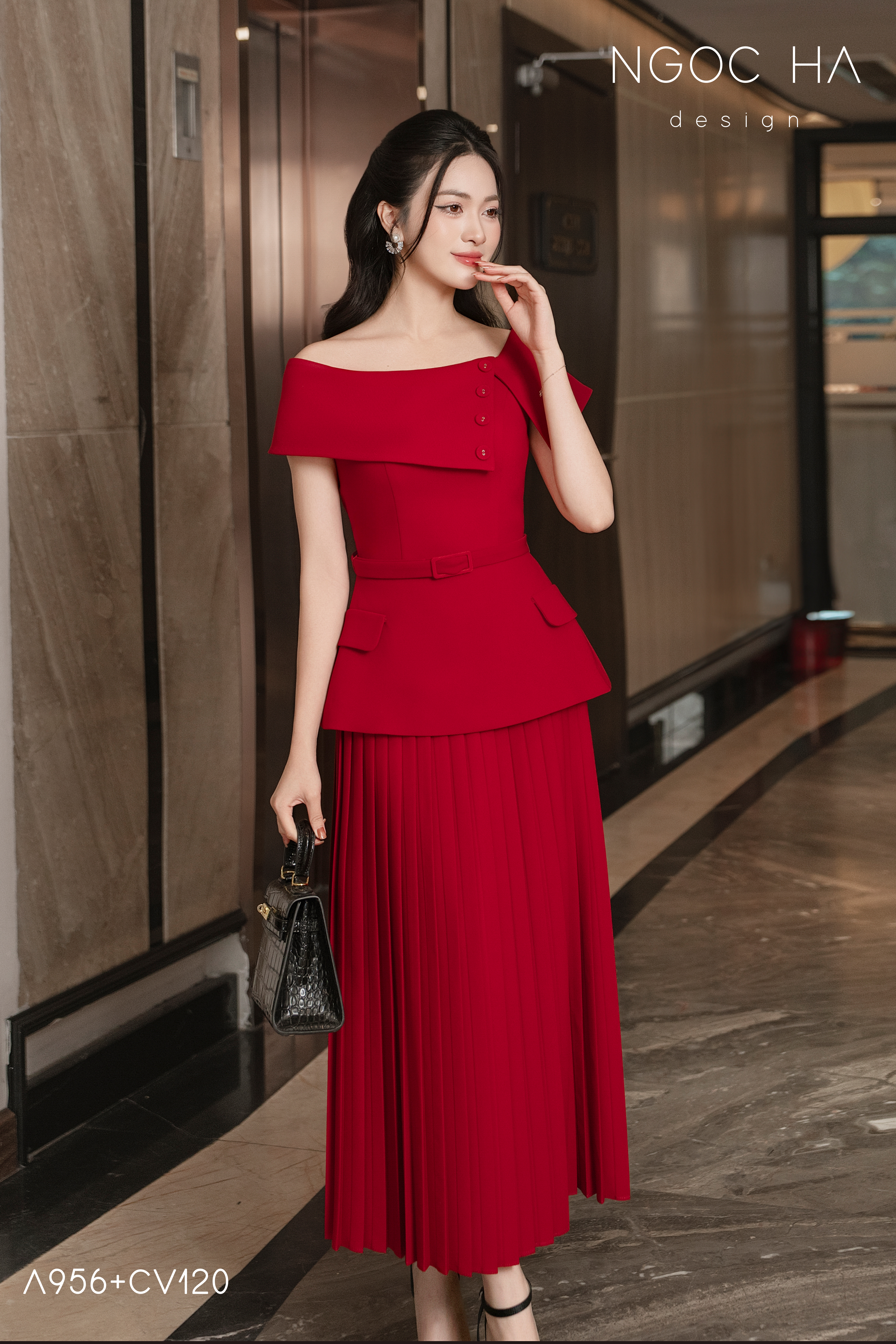 Joylie Set - Áo Peplum Trễ Vai, Chân Váy Rập Ly A956+CV120_thumbnail_2