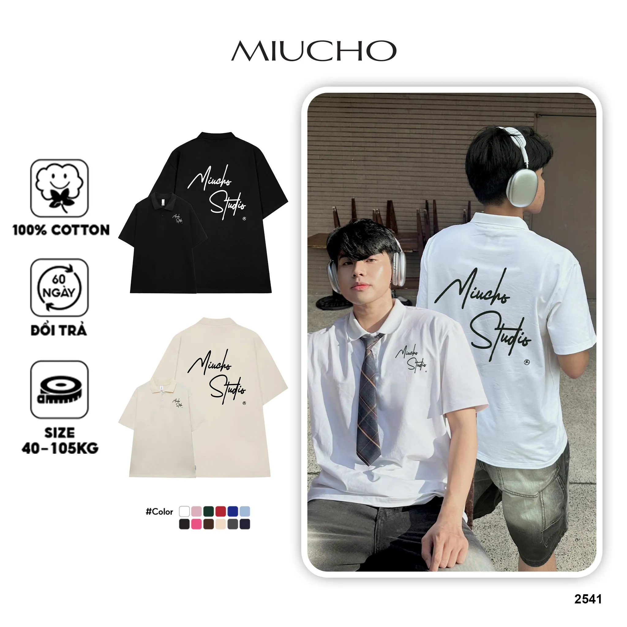 Áo polo nam form rộng phong cách hợp mọi dịp 2541 Miucho Club vải cotton thoáng mát in basic