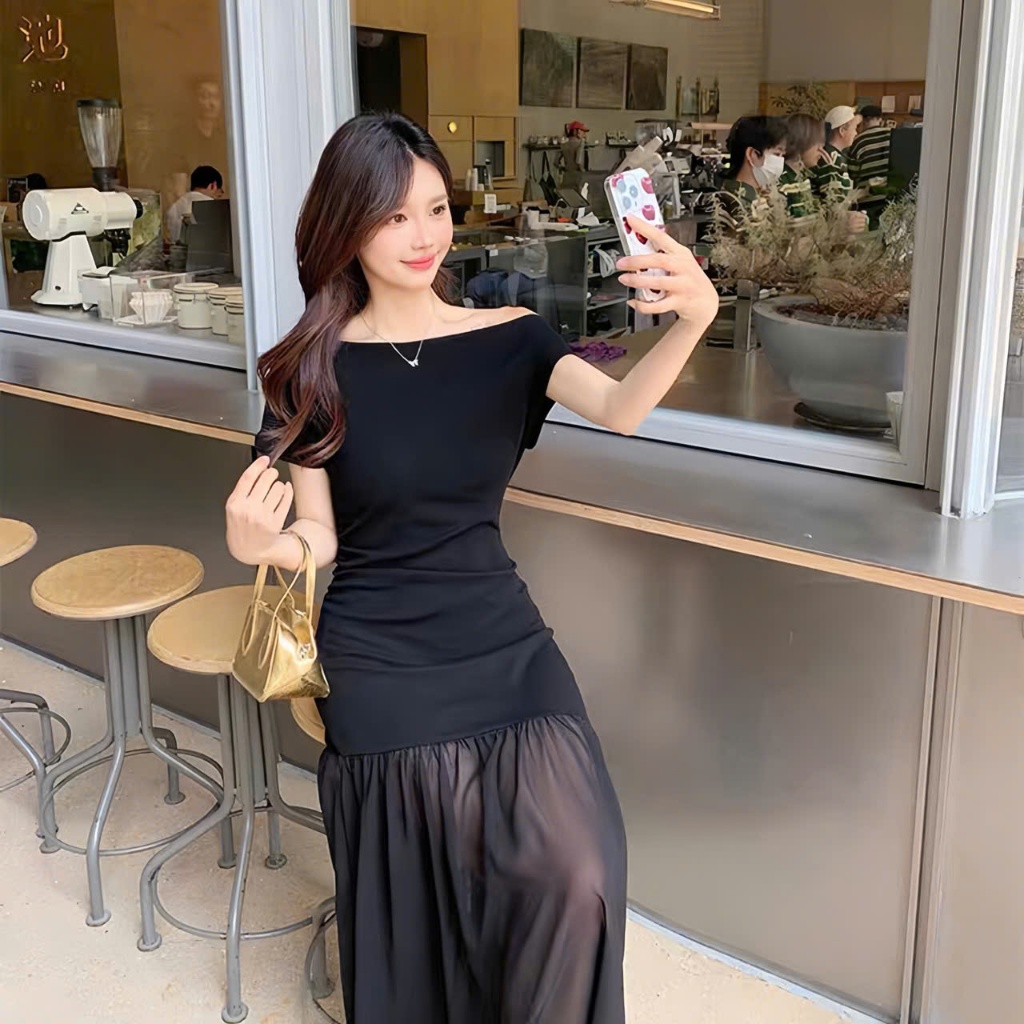 Đầm Body Lệch Vai Phối Chân Váy Tơ Màu Màu Kem , Váy Dự Tiệc Dáng Dài Sang Chảnh Logastore_L0198