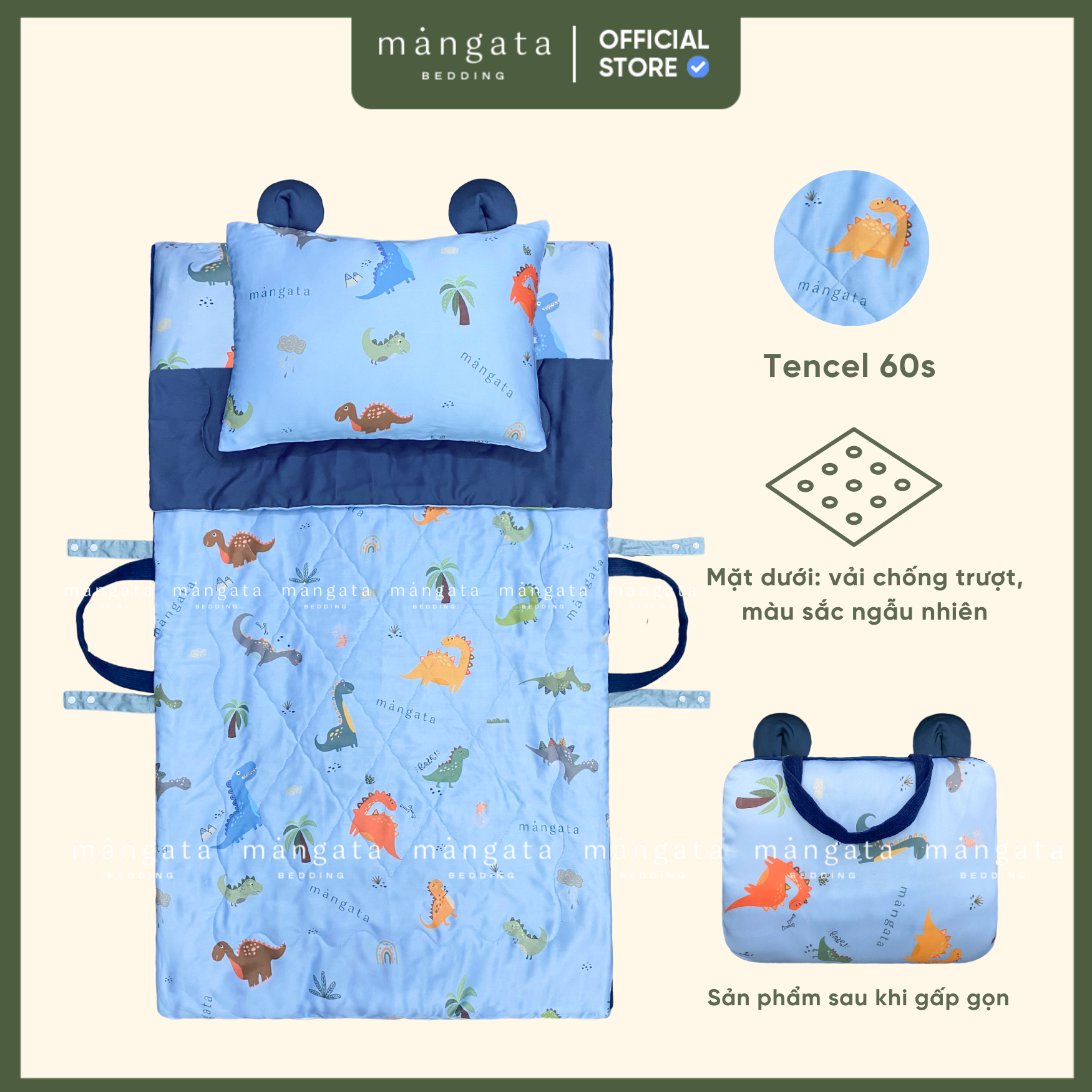 Mẫu Khủng long sắc màu - Bộ chăn gối gấp gọn đi học