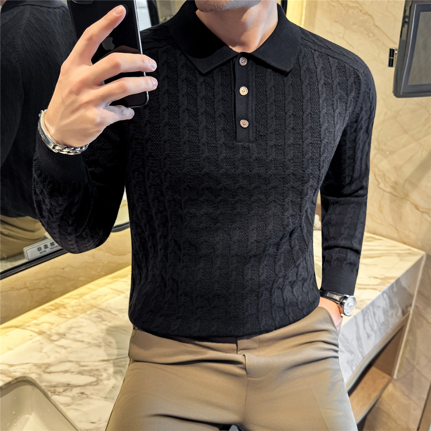PA24 – Áo polo dệt kim len cừu pha phong cách retro