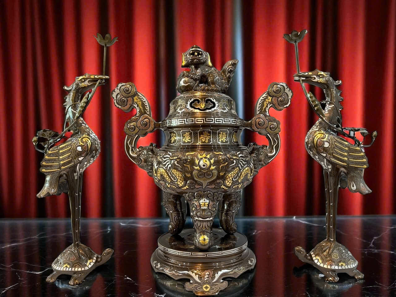 Bộ ngũ sự đúc rồng  nổi khảm ngũ sắc kỹ cao 70cm _thumbnail_1