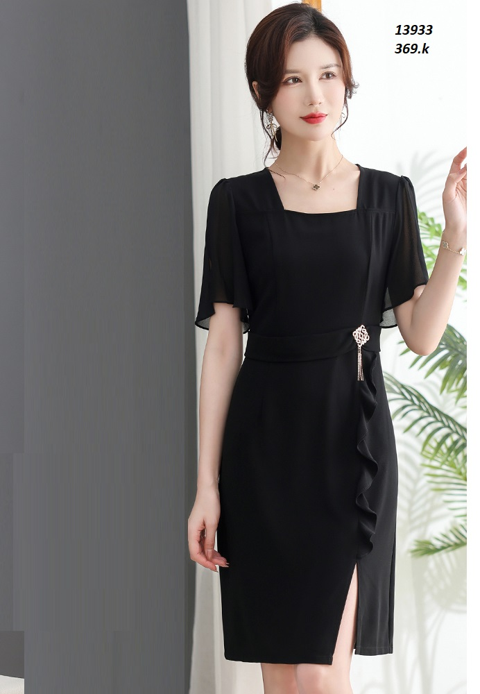 13933-Đầm body xẻ tà phối tay voan cánh tiên (màu đen, thun nhật, voan)FREESHIP_thumbnail_0