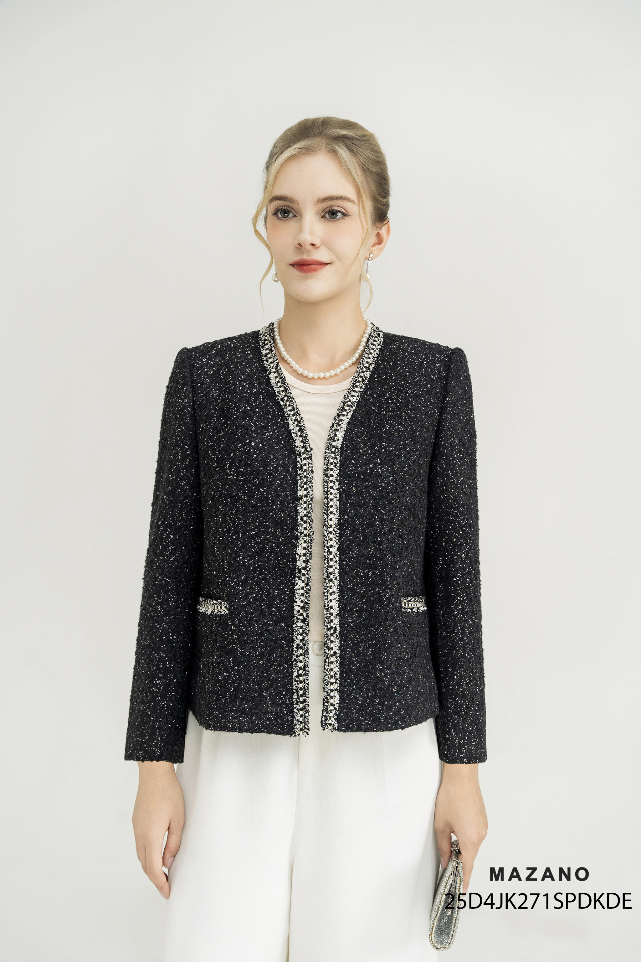 Áo khoác ngắn Vải dạ tweet không cổ tay dài