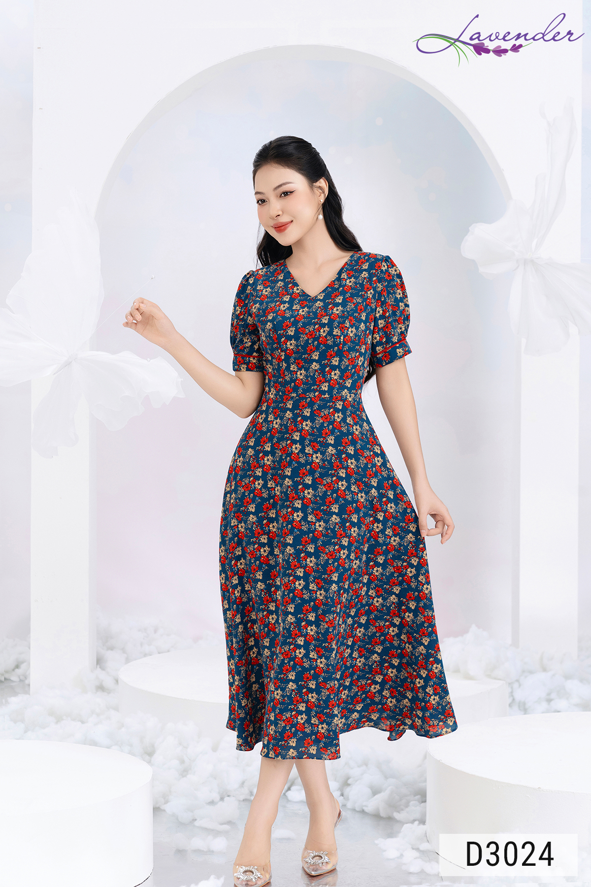 Đầm hoa lụa cổ V tay ngắn D3024_thumbnail_1