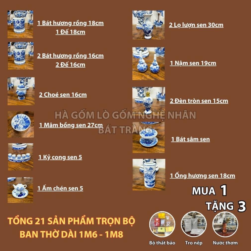 HG271 Đồ Thờ Cúng Bộ 21 món ban thờ 1M6 - 1M8 men trắng nghệ nhân Bát Tràng chế tác TẶNG Thất Bảo, Tro Nếp_thumbnail_1