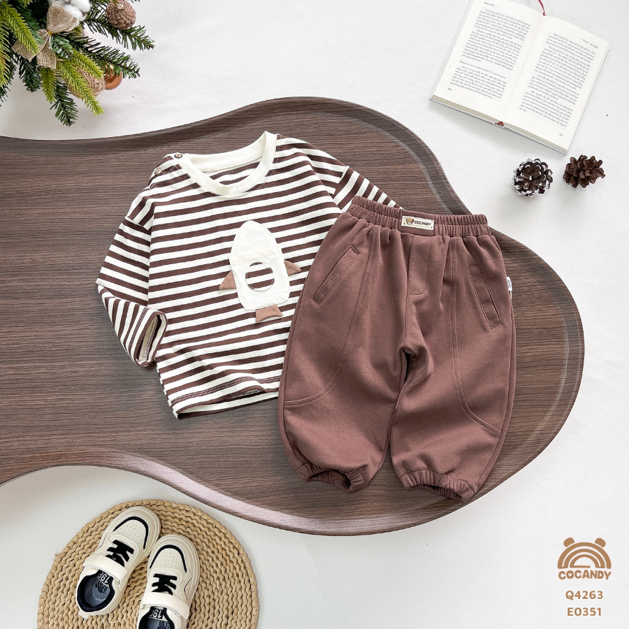 Quần dài NÂU nỉ 2 đáp sườn bo gấu