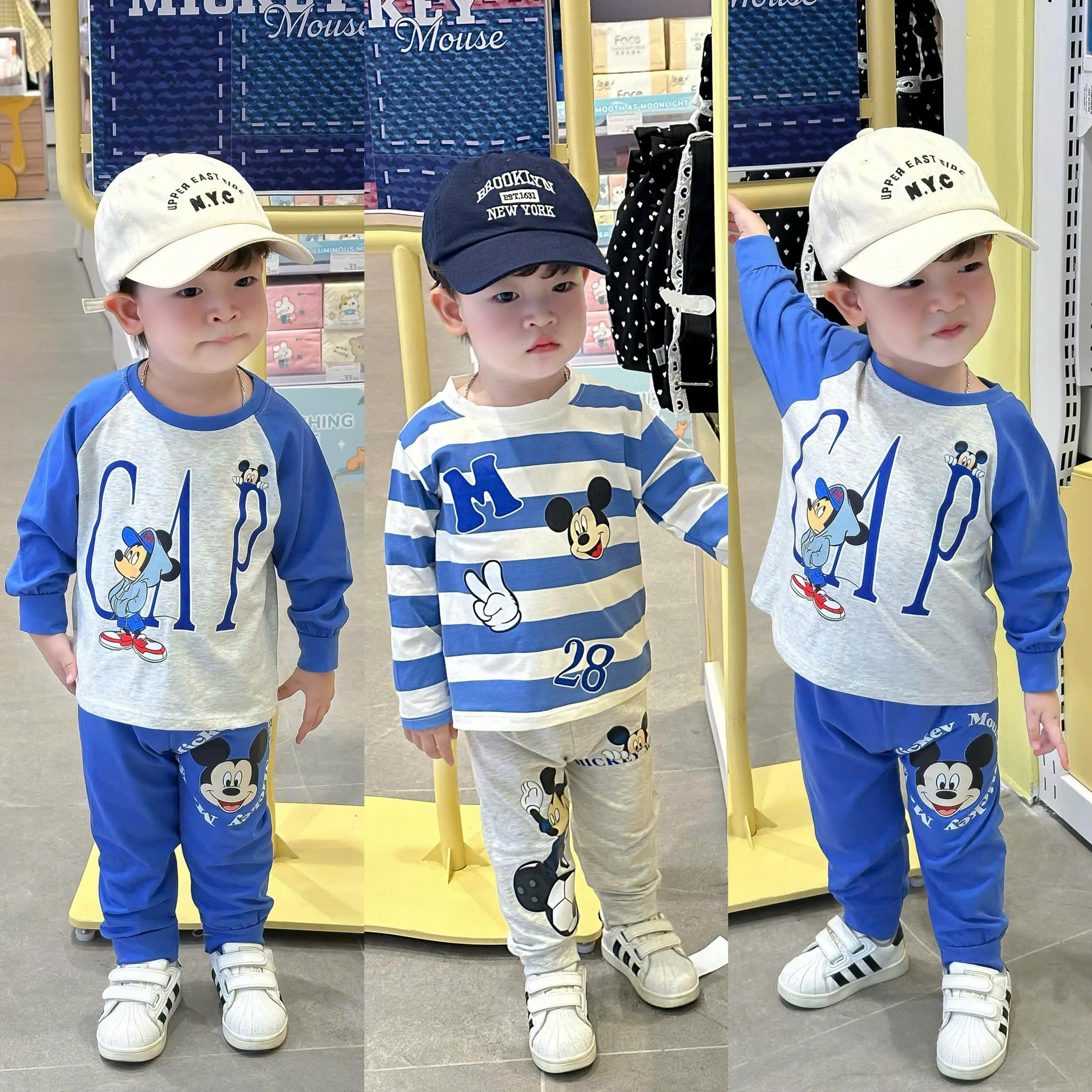 R32 SET 2 BỘ DÀI TAY MICKEY SỌC XANH CHỮ M - A100.264