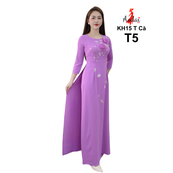 T5  Áo dài Lụa Mỹ màu tím cà cổ tròn tay lỡ Thêu kết Hoa nổi
