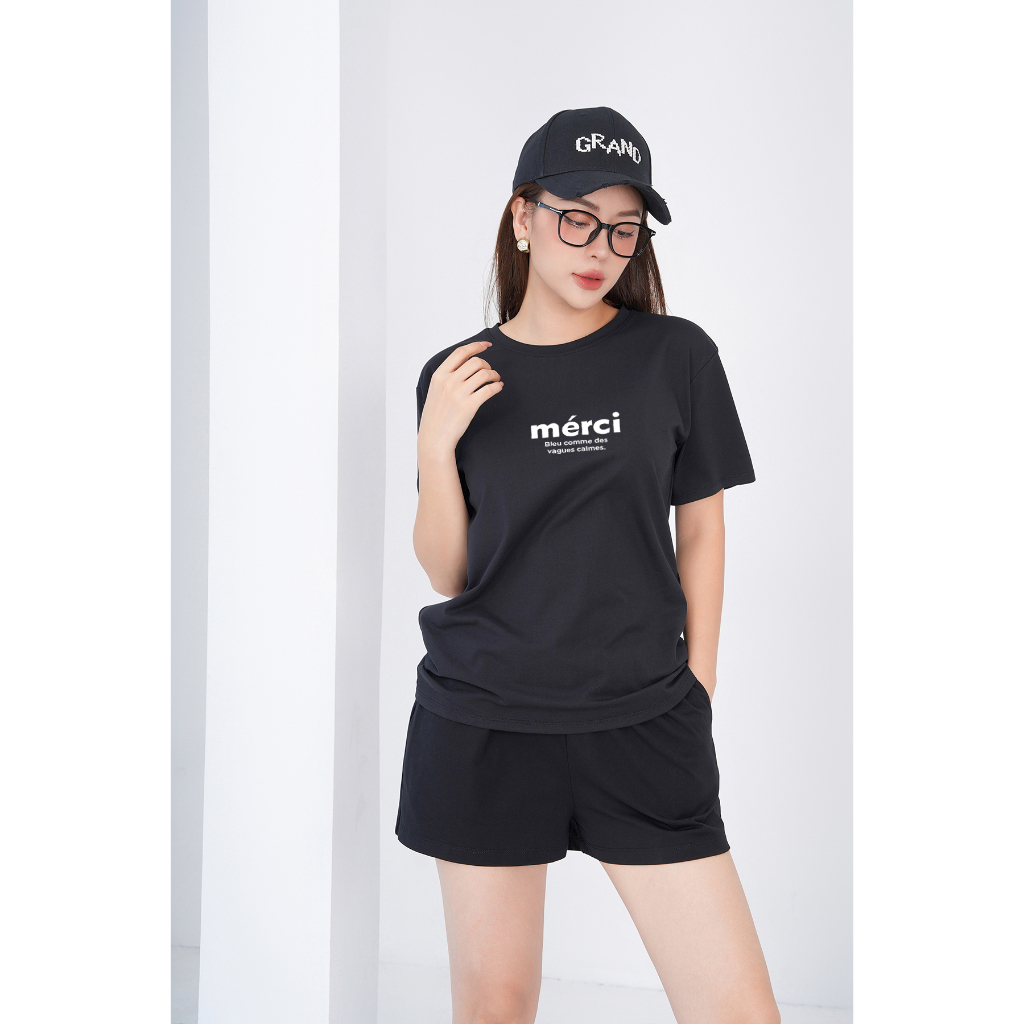 [Form Rộng] Đồ bộ nữ mặc nhà cotton 4 chiều in chữ Merci - Set quần áo nữ mùa hè- LOZA BR6286