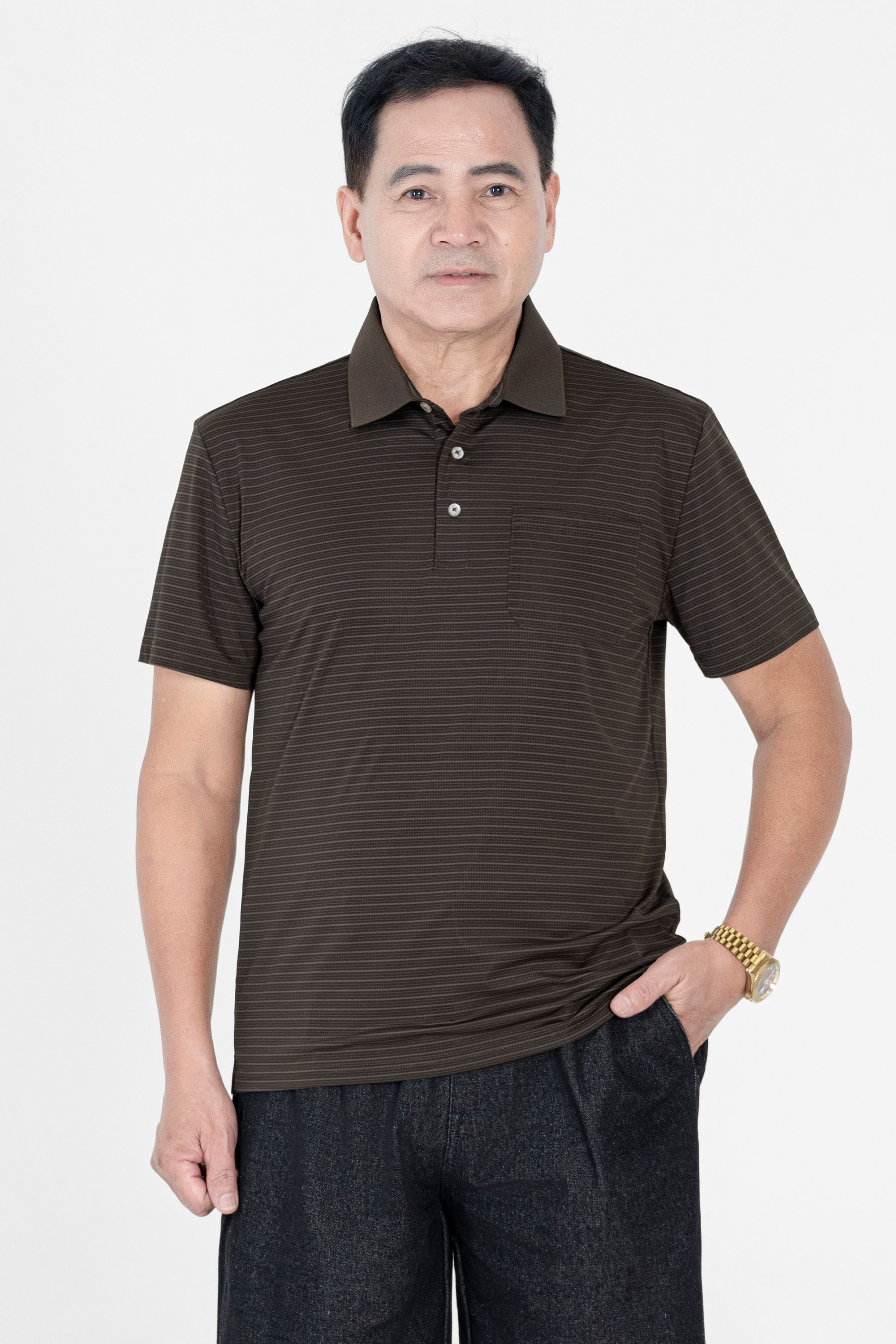 Áo Polo Túi Ngực Nam Trung Niên ANCHI Chất Liệu Cotton Cao Cấp Có Xẻ Tà Màu Nâu