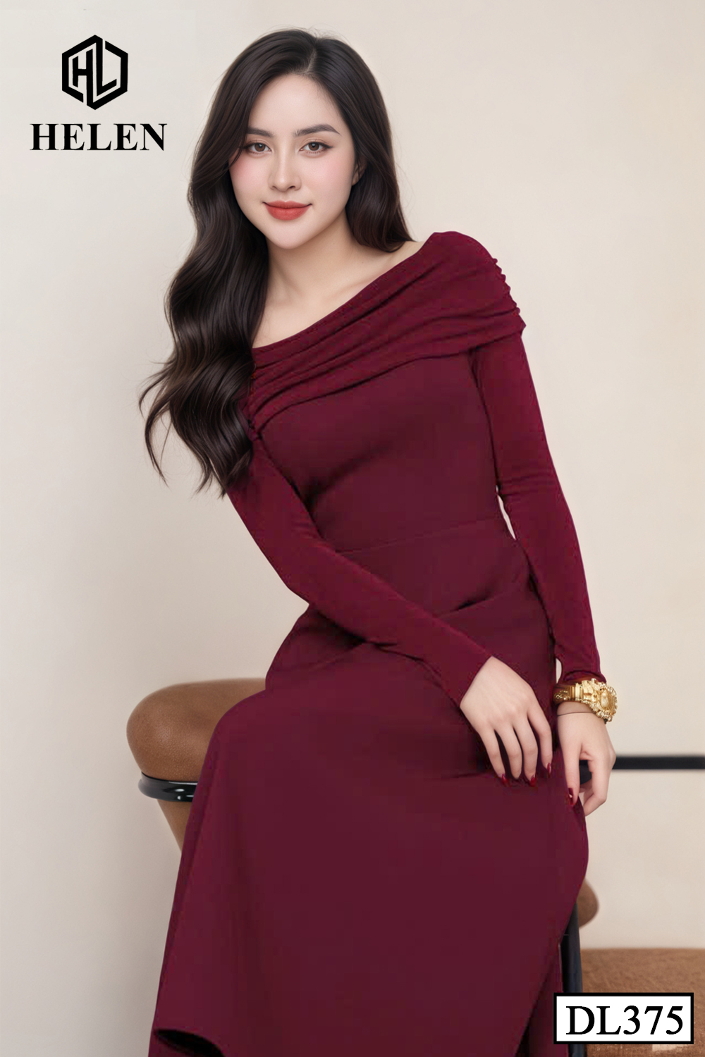 (Pre-order) Đầm liền phối len xòe đỏ mận cổ cách điệu DL375_thumbnail_2