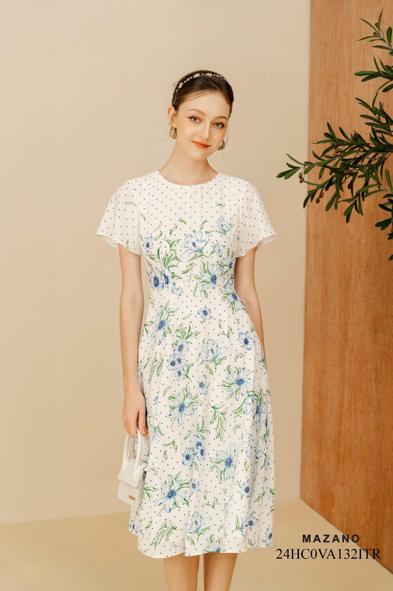 Váy Đầm Ôm Vải chiffon Hoạ tiết hoa cách điệu chấm bi Cổ tròn Tay ngắn Dài ngang bắp chân_thumbnail_2