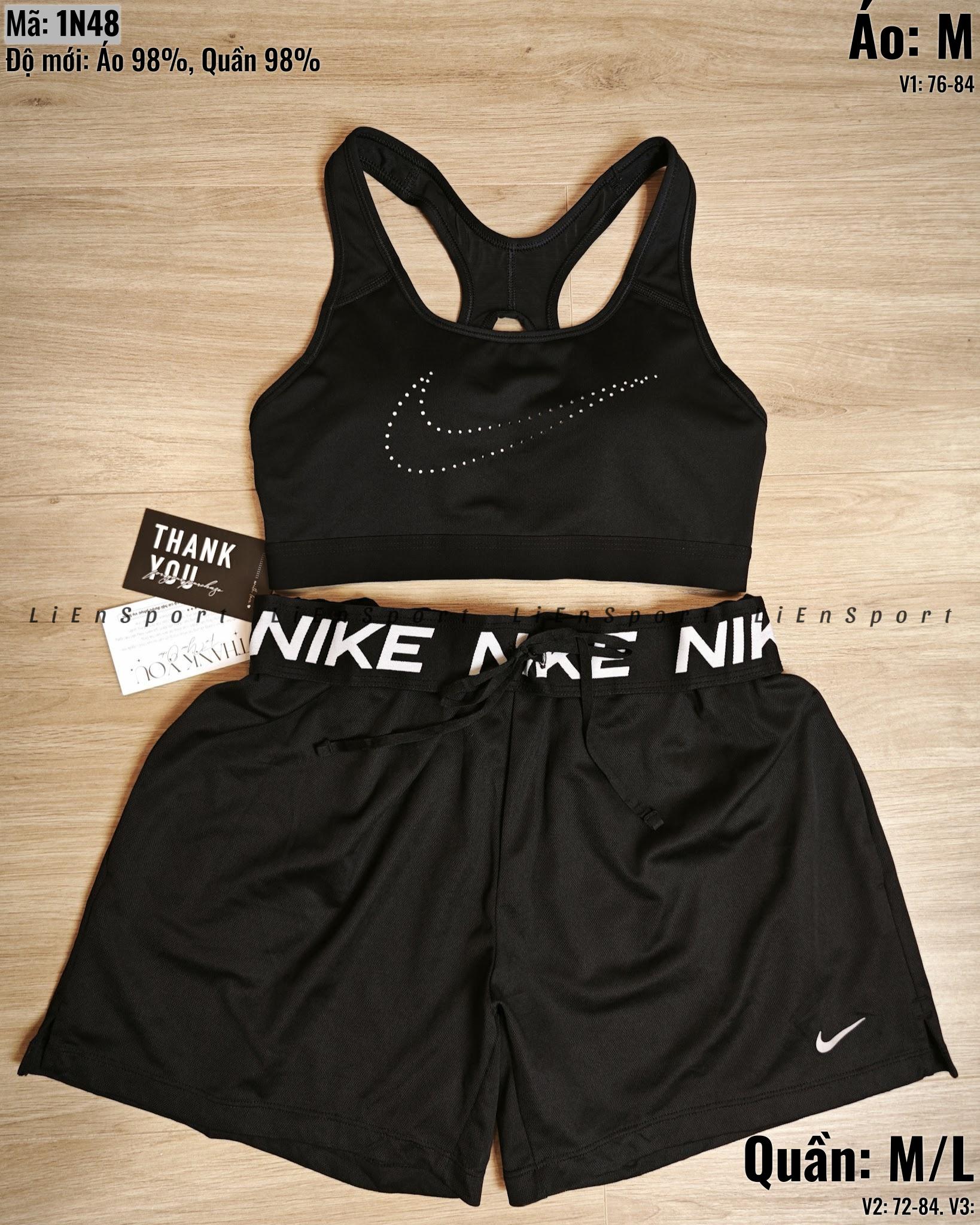 Set 2 món Nike Áo bra lưng chữ X + Quần short thể thao Nữ Size M L Đen Auth 2nd Vải thun co giãn Thoáng khí thấm hút mồ hôi Logo ép nhiệt Cạp chun dây rút Form suông Phù hợp gym yoga chạy bộ Mã:1N48