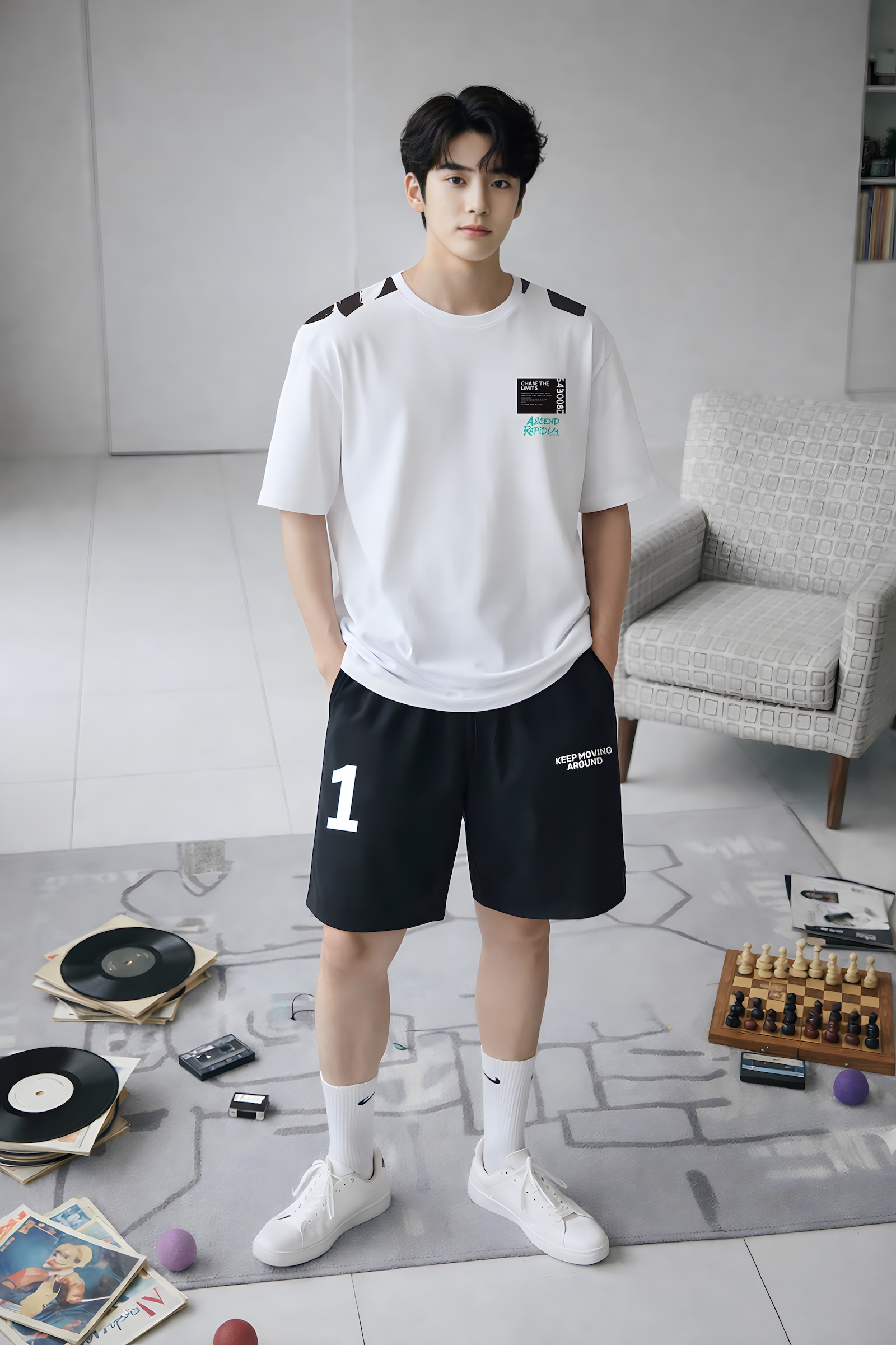 Áo phông bé trai dáng rộng màu trắng phối in vai