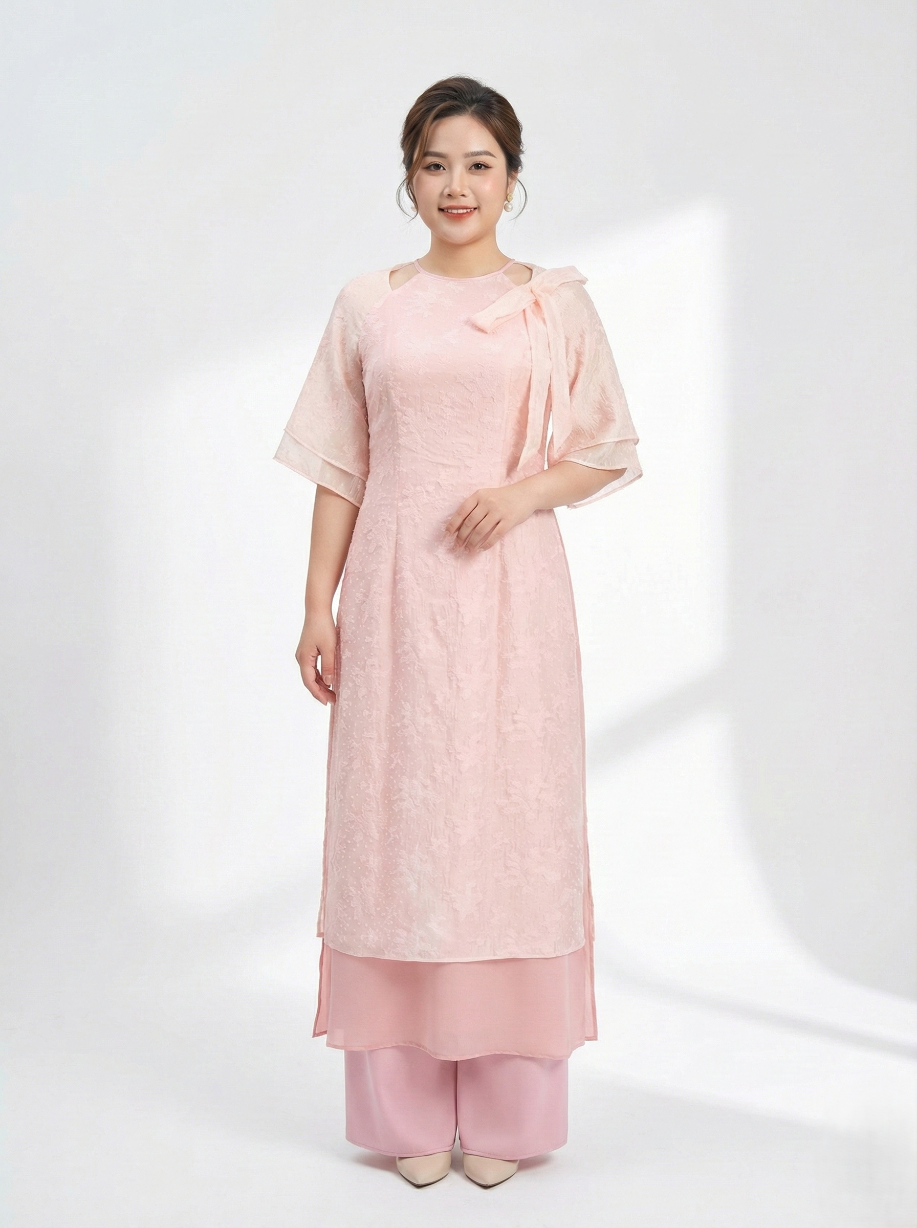 BIGSIZE NỮ - Áo dài kiểu voan phối nơ V-AD023