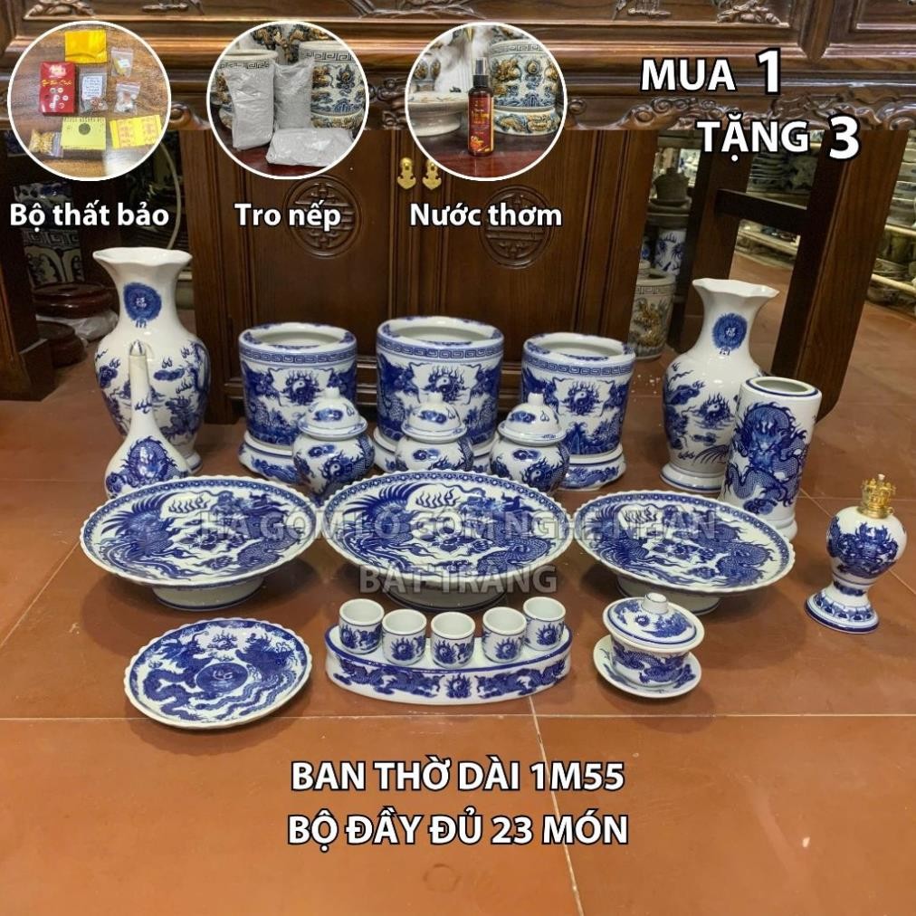HG377 Đồ Thờ Cúng Bộ 23 món ban thờ 1M55 men lam nghệ nhân Bát Tràng chế tác TẶNG Thất Bảo, Tro Nếp
