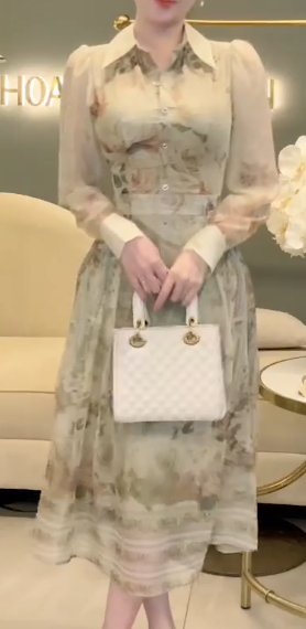 Đầm Sơ Mi Xoè Phối Hoạ Tiết