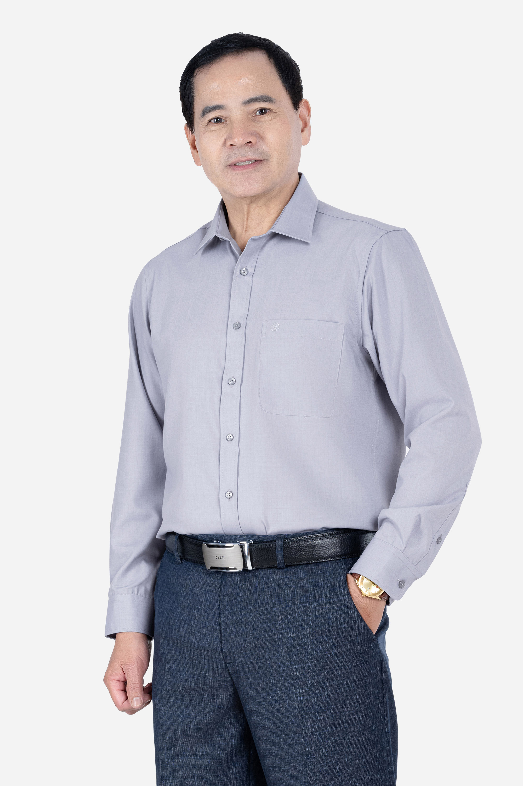 Sơ Mi Trơn Dài Tay Nam Trung Niên ANCHi Chất Liệu Cotton Nhập Khẩu Màu Ghi