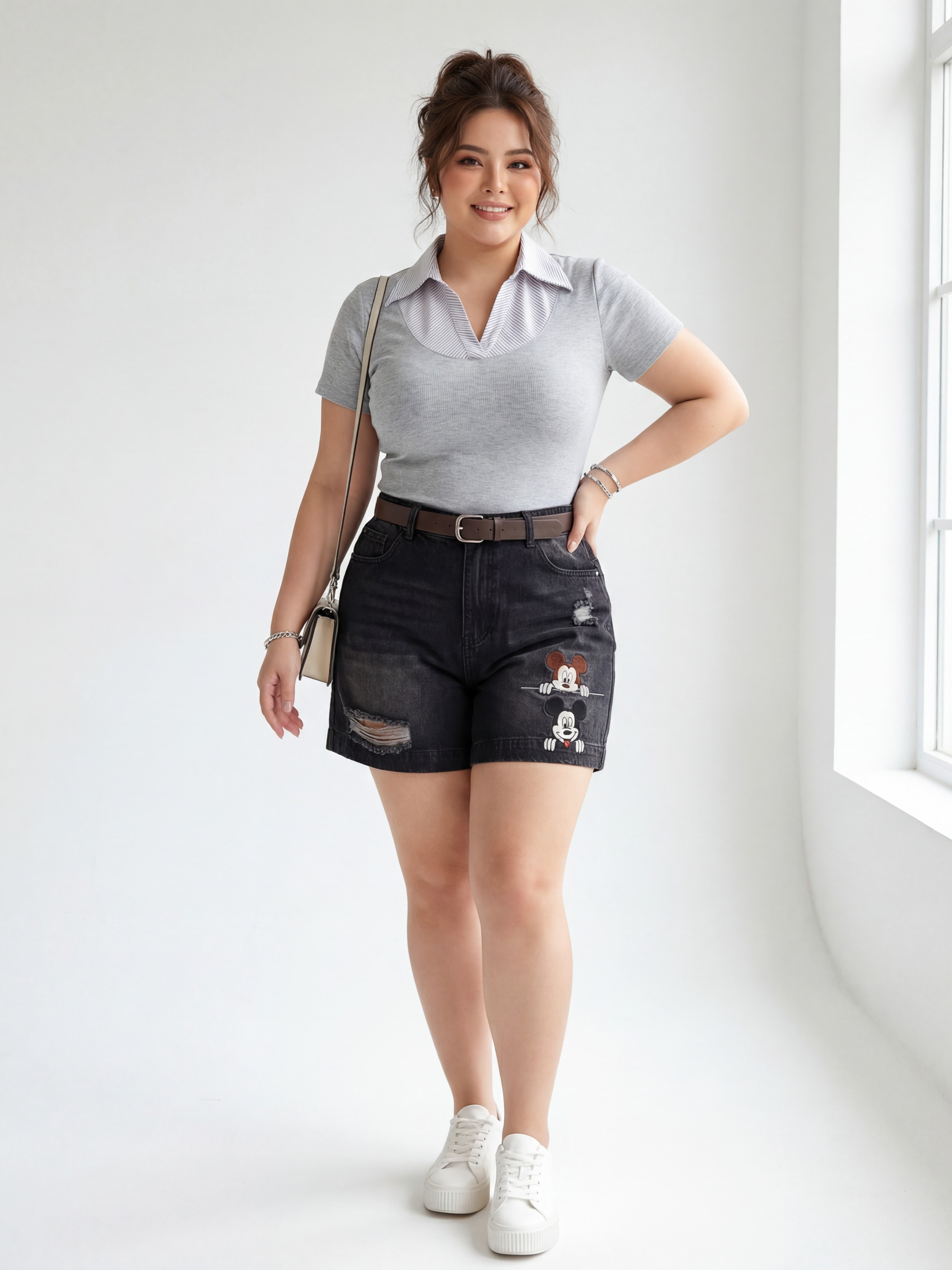 Quần short lửng lưng thun thêu chuột bigsize QSJ59 dành cho nàng từ 55-90kg