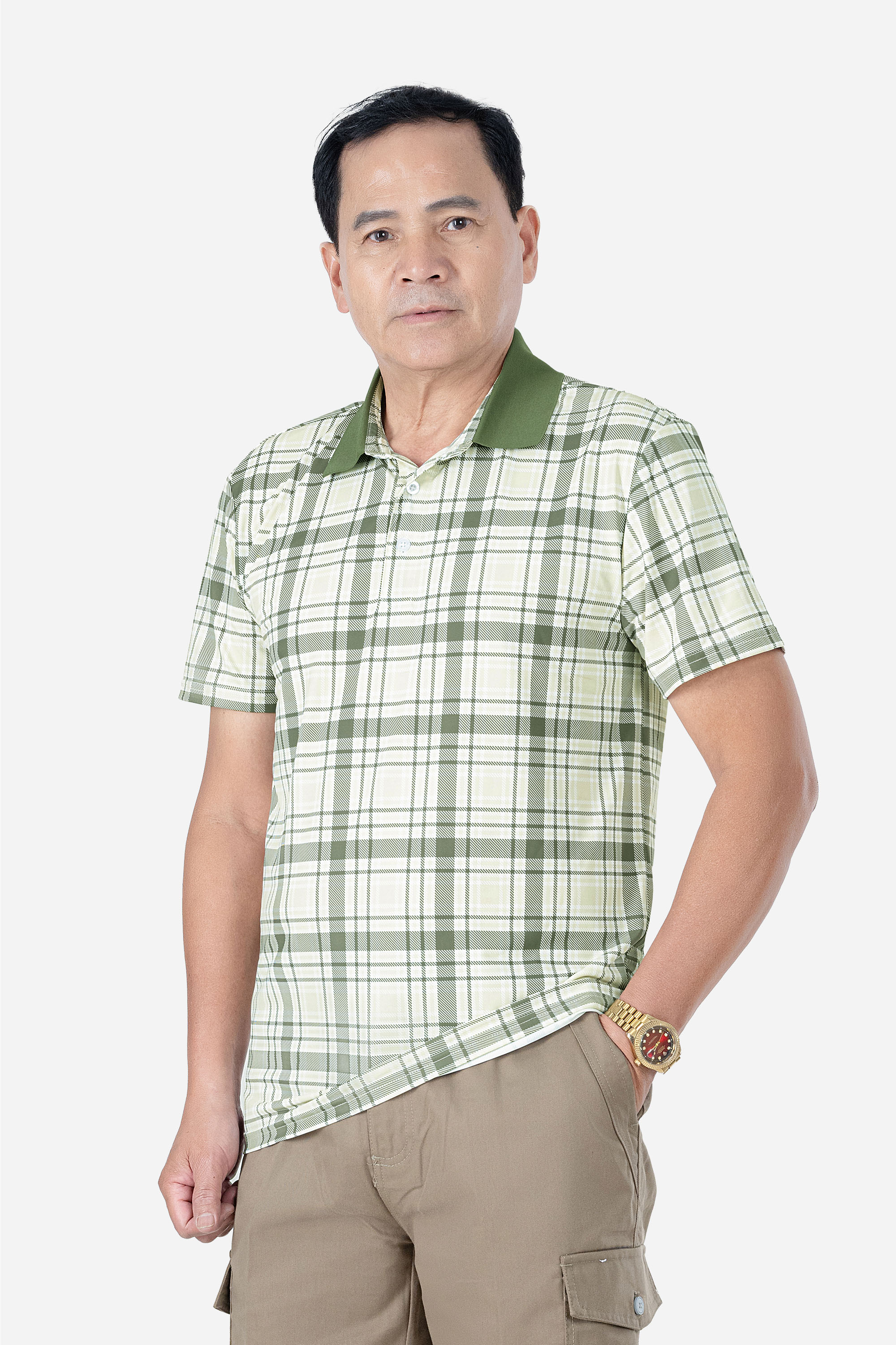 Áo Polo Kẻ Nam Trung Niên ANCHI Chất Liệu Cotton Mĩ Cao Cấp Phom Suông Vạt Ngang Màu Rêu Nhạt_thumbnail_24