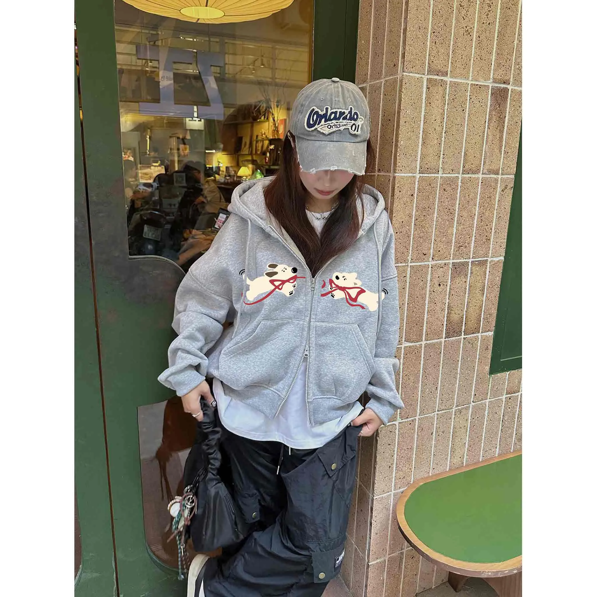 Áo khoác hoodie zip boxy nỉ 2 da 2653 Miucho thoáng mát dày dặn hình cún đáng yêu_thumbnail_2