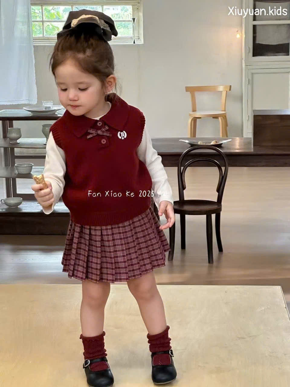 (S76) Set 3 chi tiết đỏ kẻ caro Fan Xiao Ke_thumbnail_1