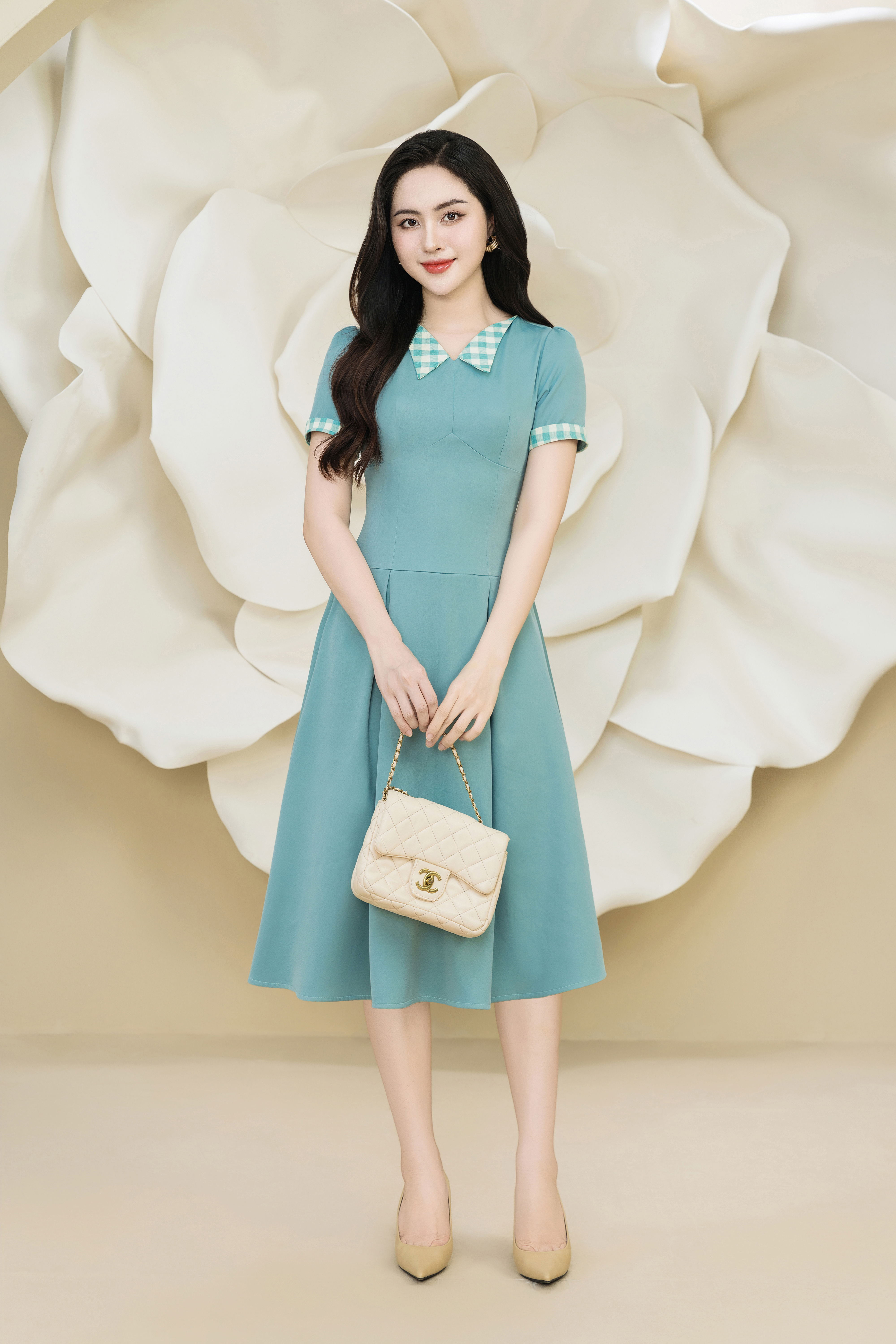 Đầm xoè xanh phối cổ kẻ_thumbnail_2