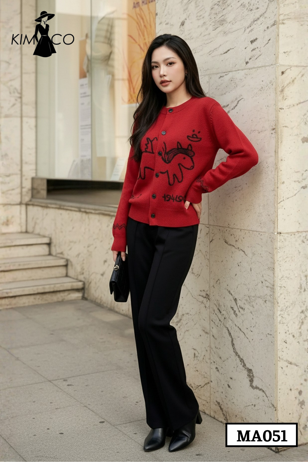 Áo Len Cardigan Đỏ Họa Tiết Kỳ Lân Nghệ Thuật - MA051