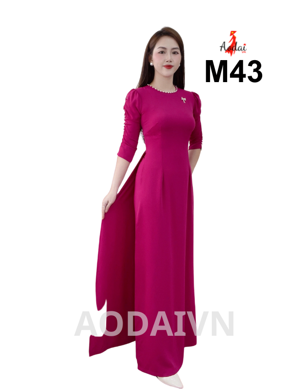 M43 Áo dài lụa Mỹ tím cẩm tươi tay rúm cổ tròn tay bồng đính hạt