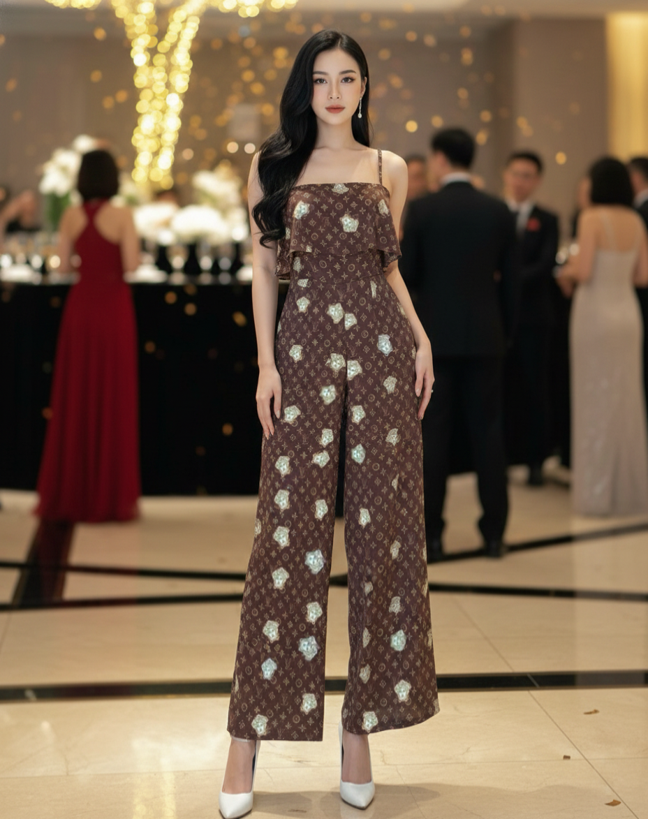 Jumpsuit 2 dây ống rộng họa tiết xinh xắn