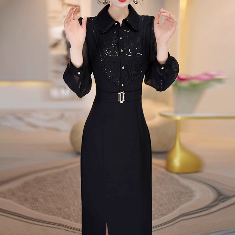 18159-Đầm body suông đen phối tay voan dài viền ren ( lụa , voan, lót)