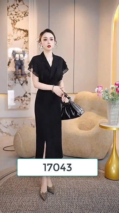 17043-Đầm dự tiệc cổ vest phối tua rua (tun poly 2 da)_thumbnail_0