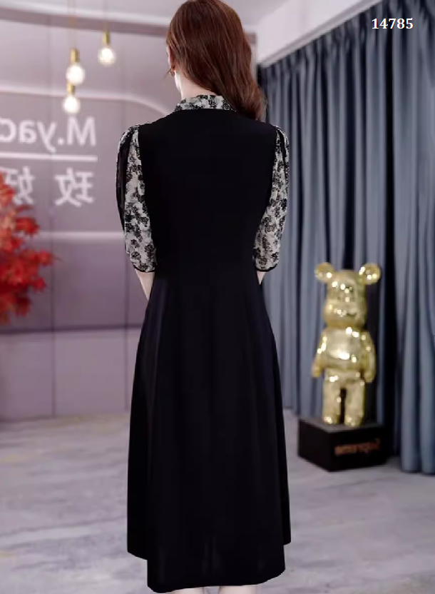 14785-Đầm suông A phối tay voan hoa cổ thắt nơ cách điệu ( poly 2 da, voan)_thumbnail_2