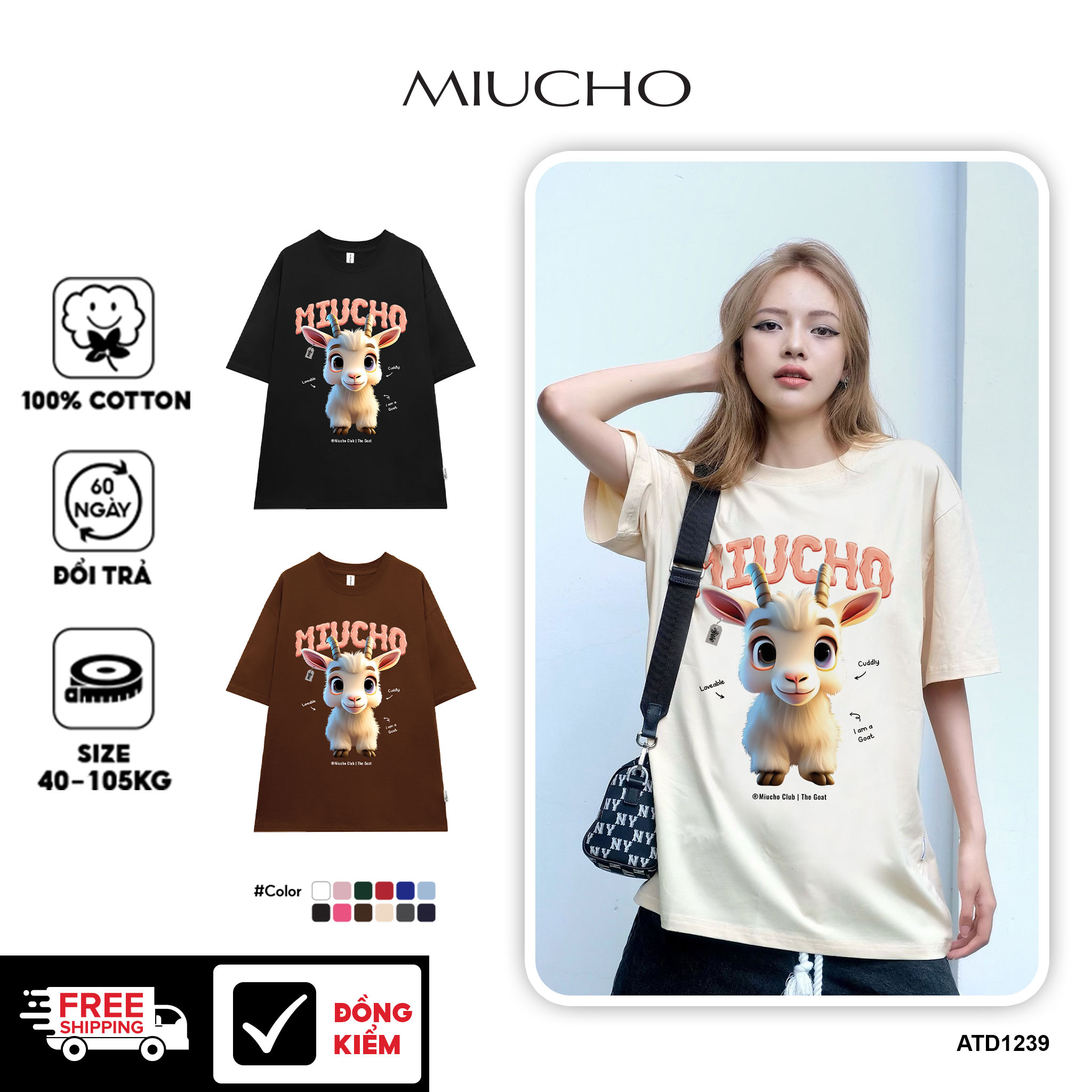 Áo thun form rộng 12 con giáp tuổi Mùi ATD1239 Miucho tay ngắn cổ tròn in mix