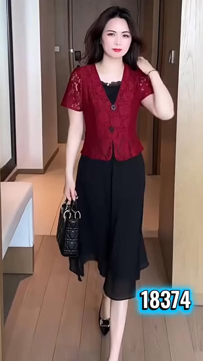 18374-Đầm xòe phối  ren đỏ đen  ( ren, voan, lót)