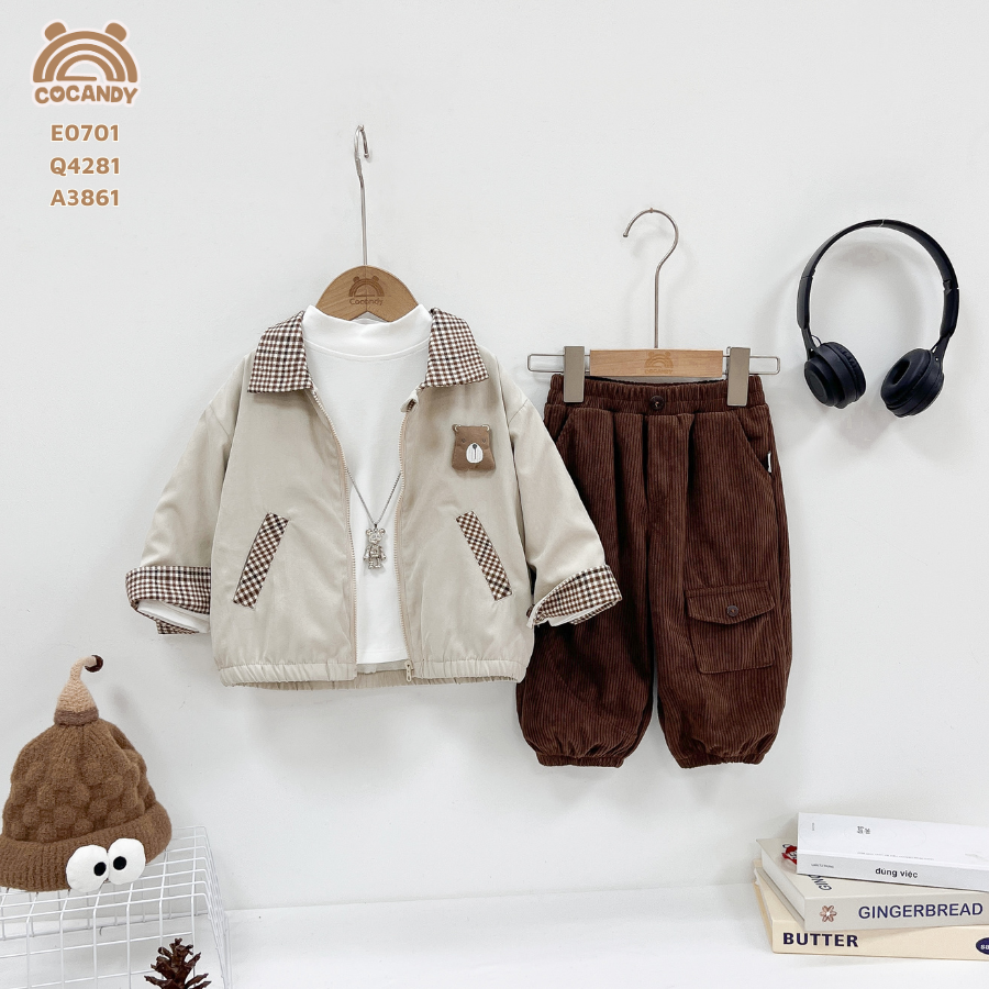 Áo khoác gió BE cổ caro nâu phối gấu