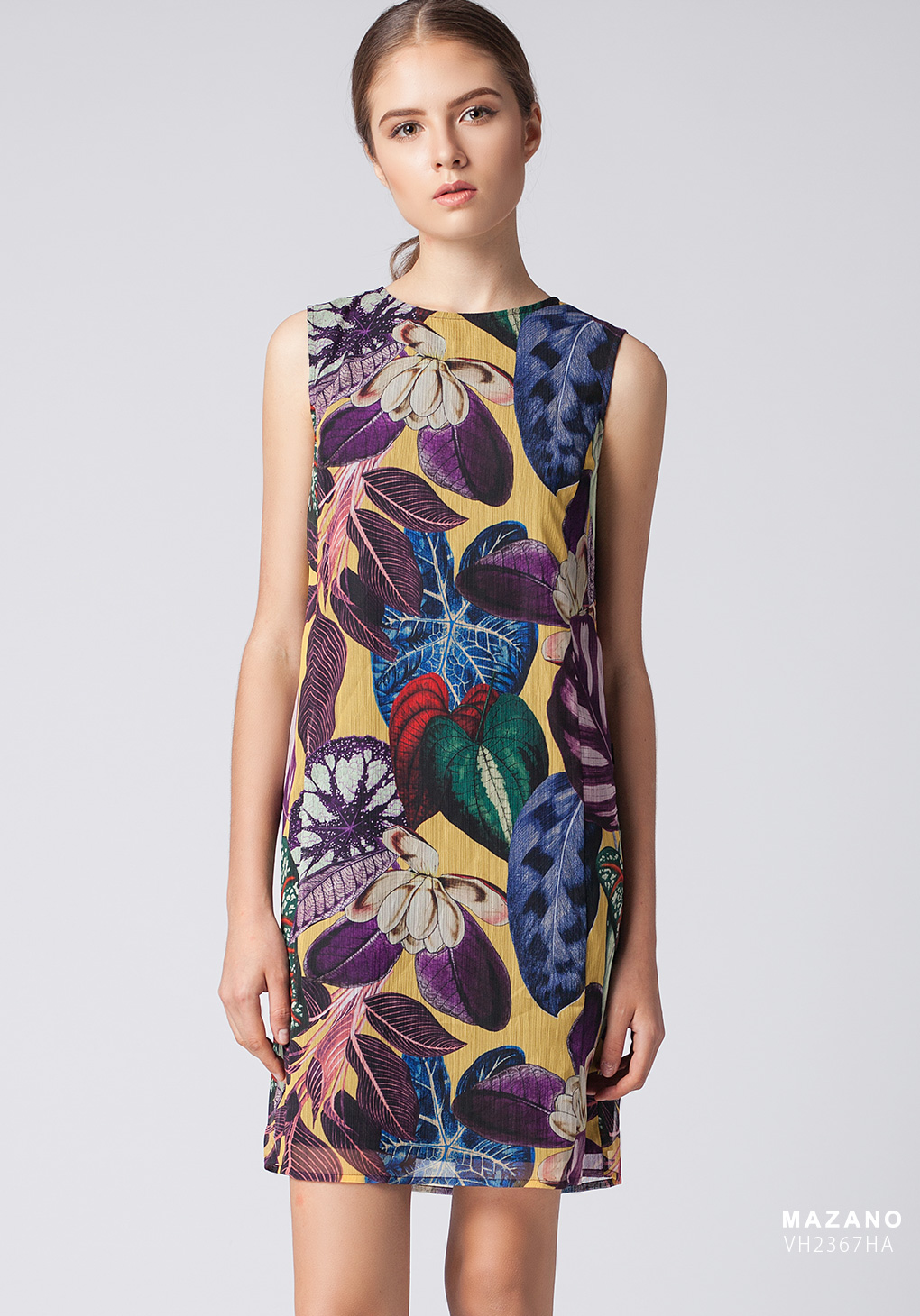 Đầm suông họa tiết lá cây, cổ tròn, tay sát nách_thumbnail_2