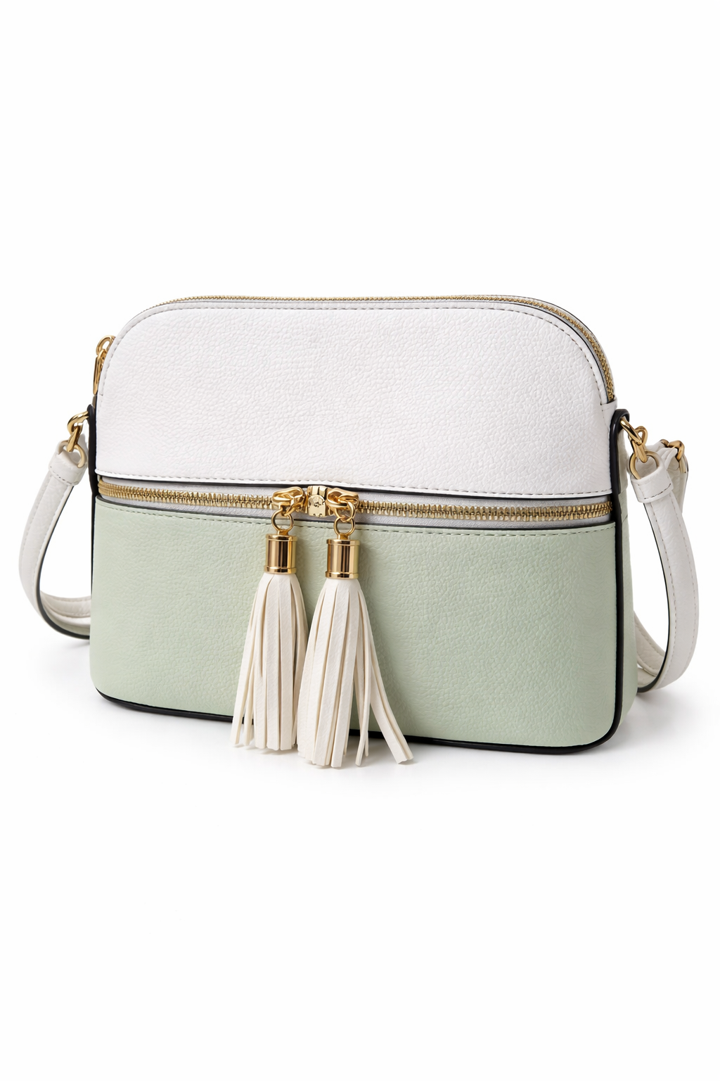 Túi Đeo Chéo Nữ Phối Trắng – Xanh Mint – Khóa Kéo Đôi Kèm Charm Tua Rua Sang Trọng