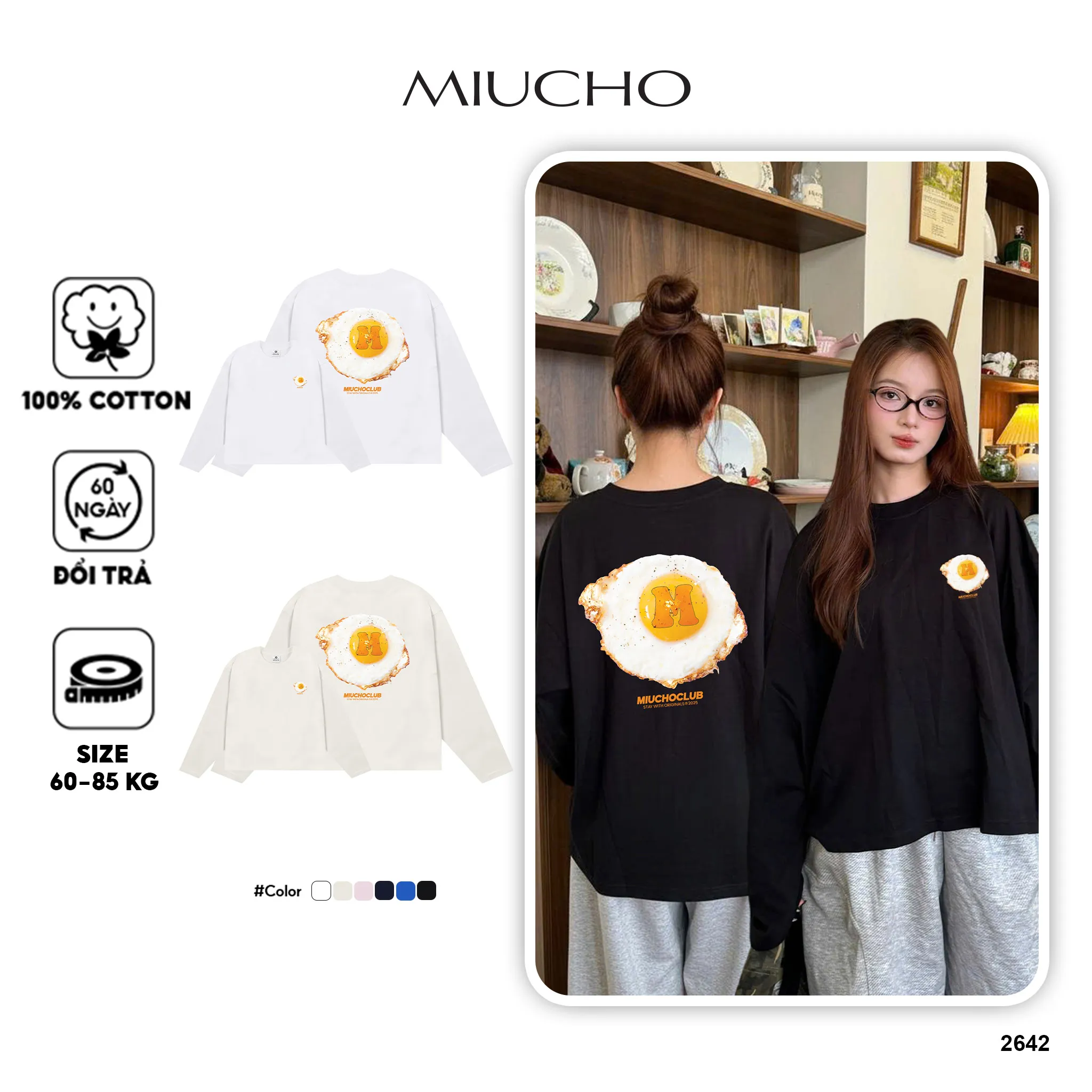 Áo thun boxy nữ tay dài hình trứng ốp la 2642 Miucho vải cotton co giãn 2c thoáng mát in mix