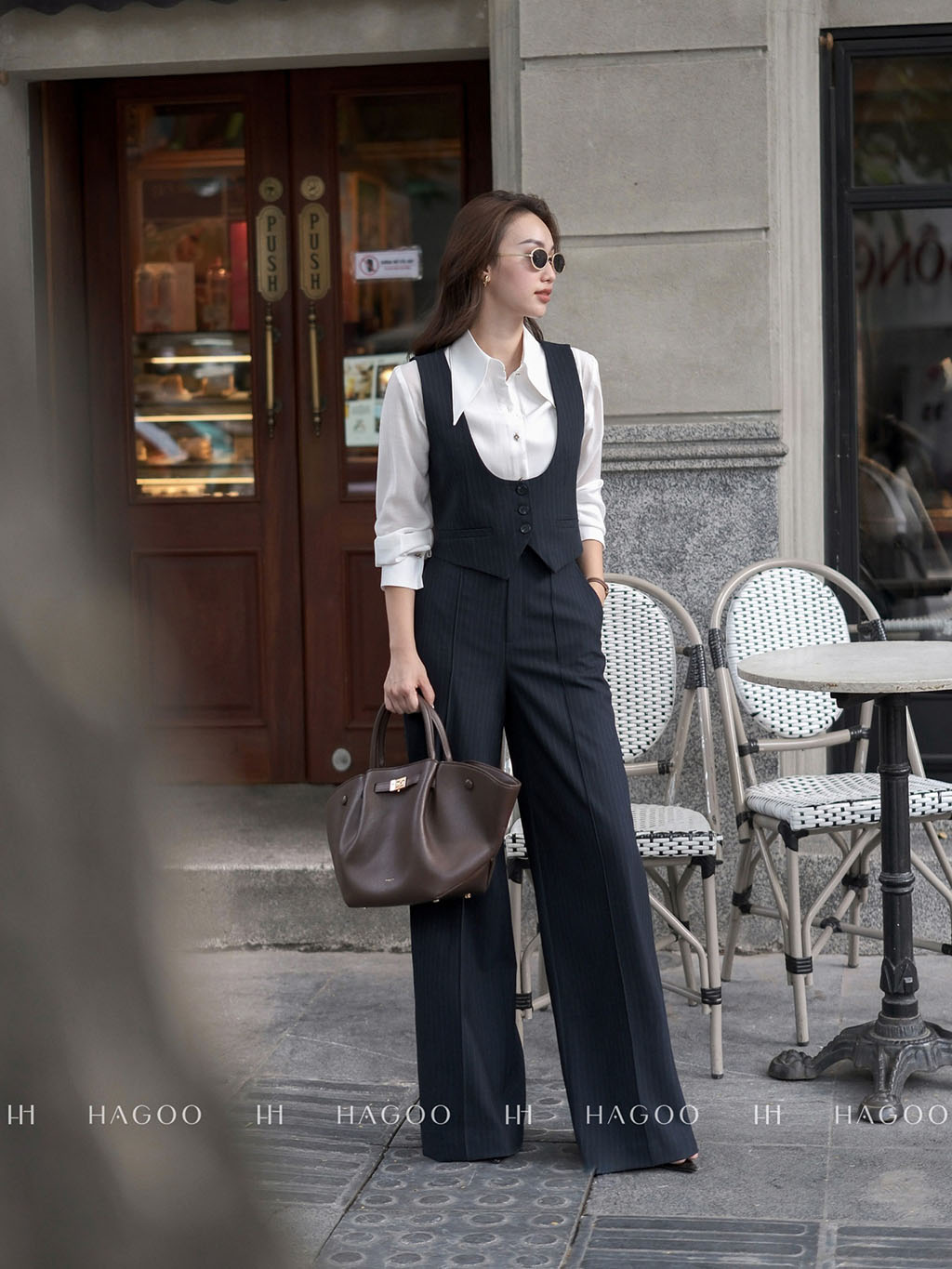 Quần suông kẻ cạp quai nhê HAGOO