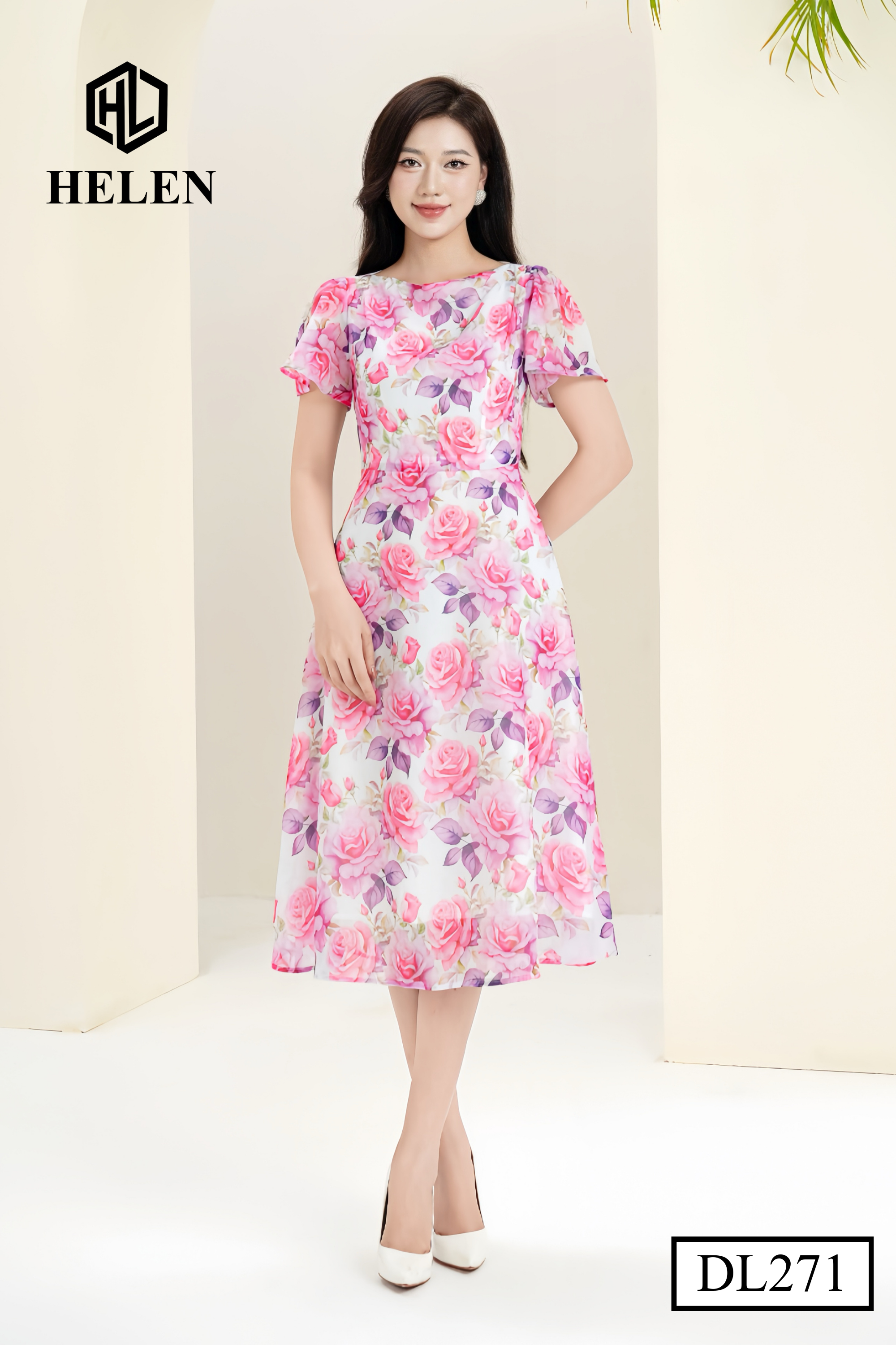 Đầm xòe hoa hồng cổ thuyển nhún vai DL271_thumbnail_2